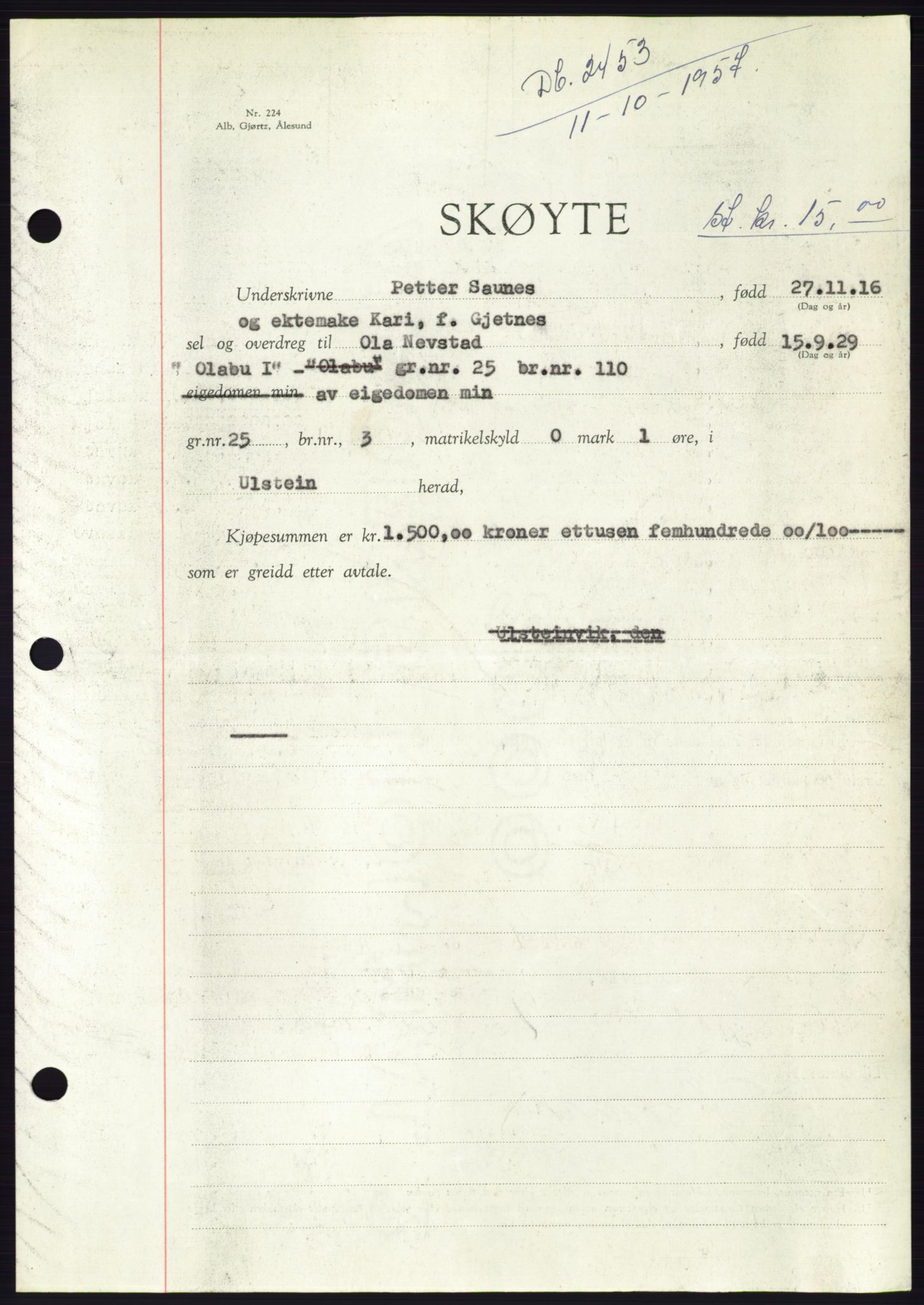 Søre Sunnmøre sorenskriveri, SAT/A-4122/1/2/2C/L0107: Pantebok nr. 33A, 1957-1957, Dagboknr: 2453/1957