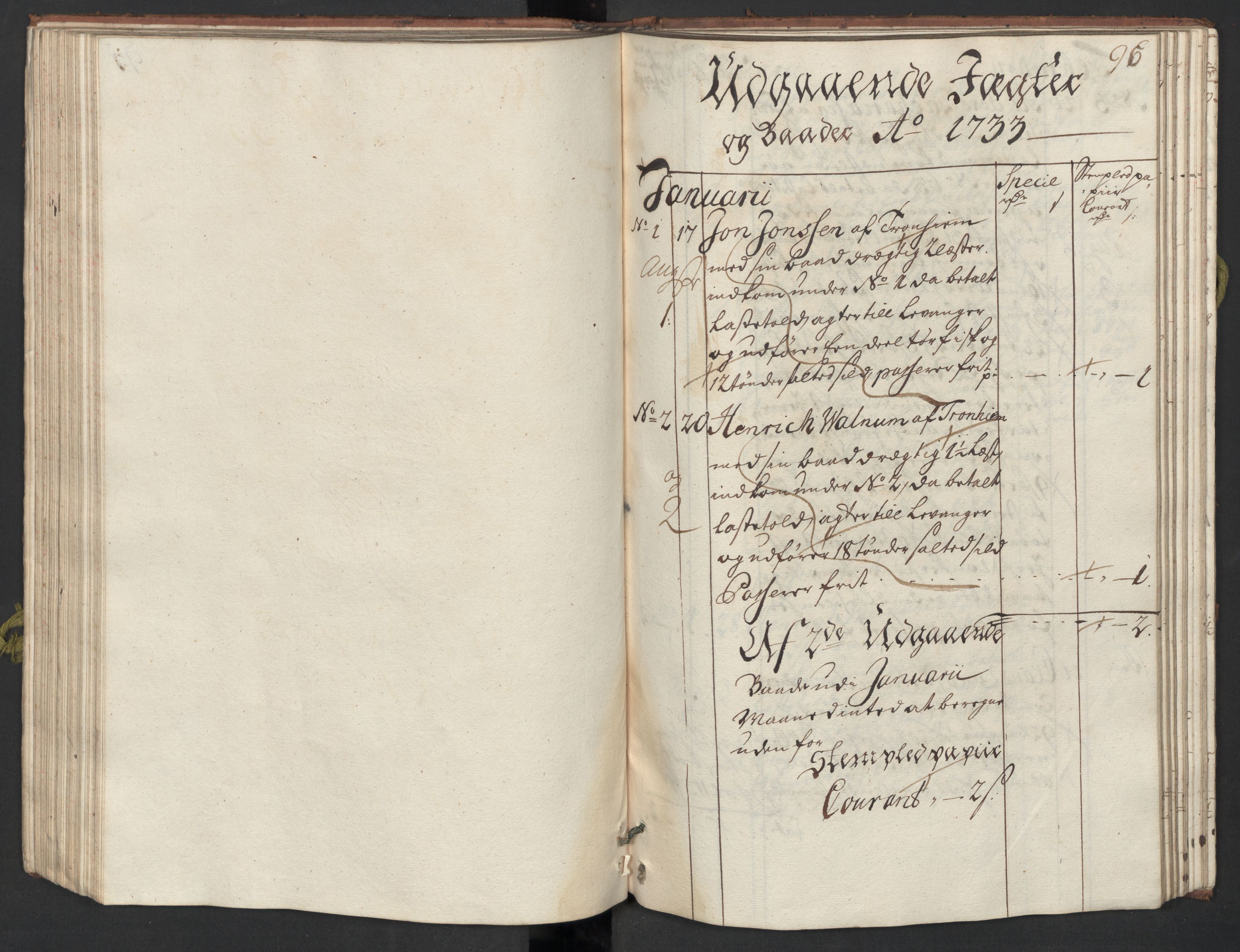 Generaltollkammeret, tollregnskaper, AV/RA-EA-5490/R33/L0015/0002: Tollregnskaper Trondheim A / Utgående tollbok, 1733, s. 95b-96a