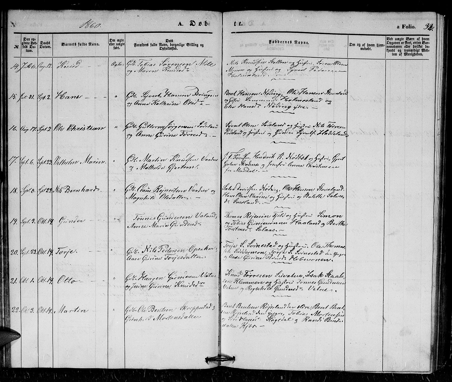 Holum sokneprestkontor, AV/SAK-1111-0022/F/Fb/Fba/L0003: Klokkerbok nr. B 3, 1850-1866, s. 32
