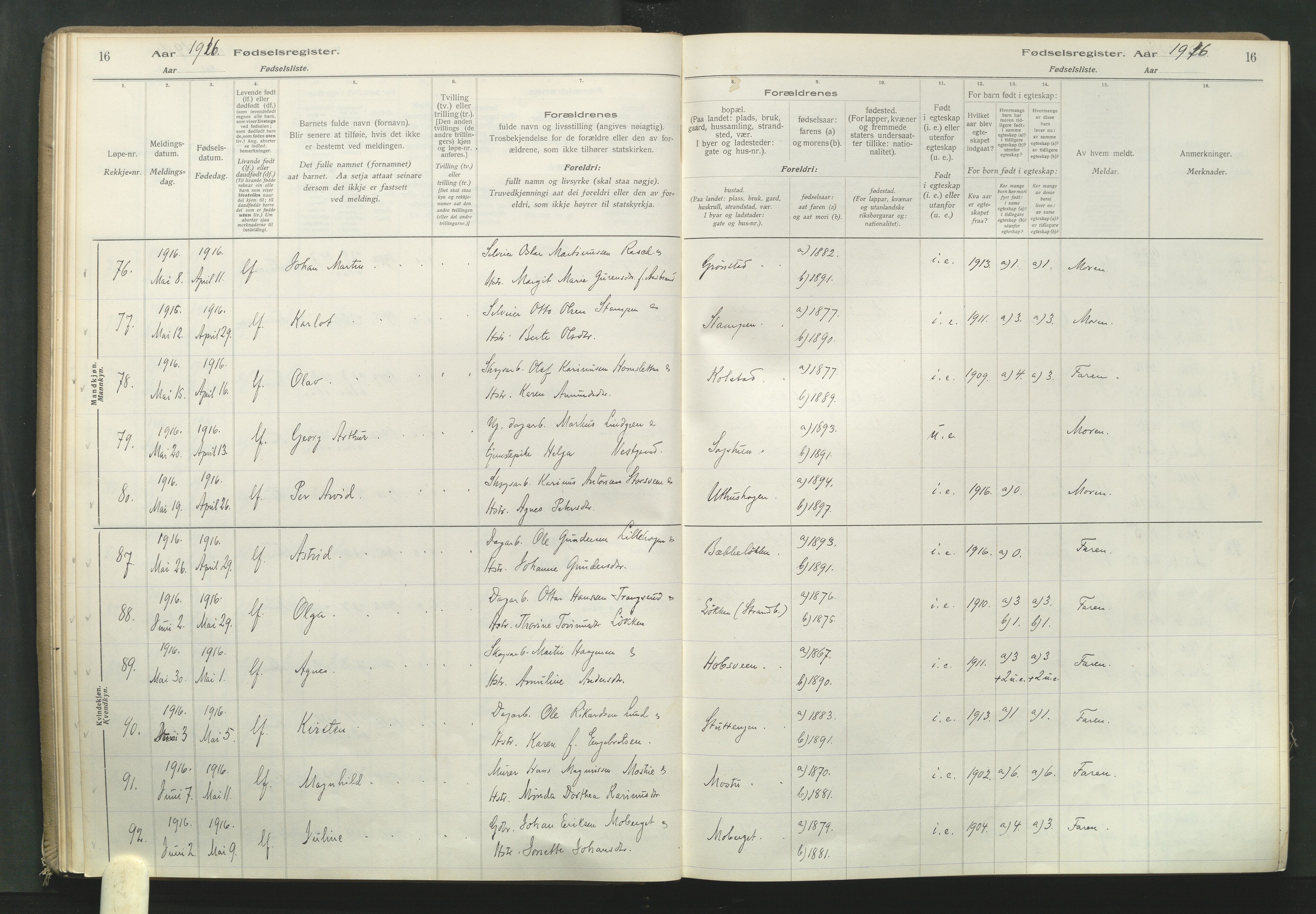 Elverum prestekontor, AV/SAH-PREST-044/I/Id/L0001: Fødselsregister nr. 1, 1916-1921