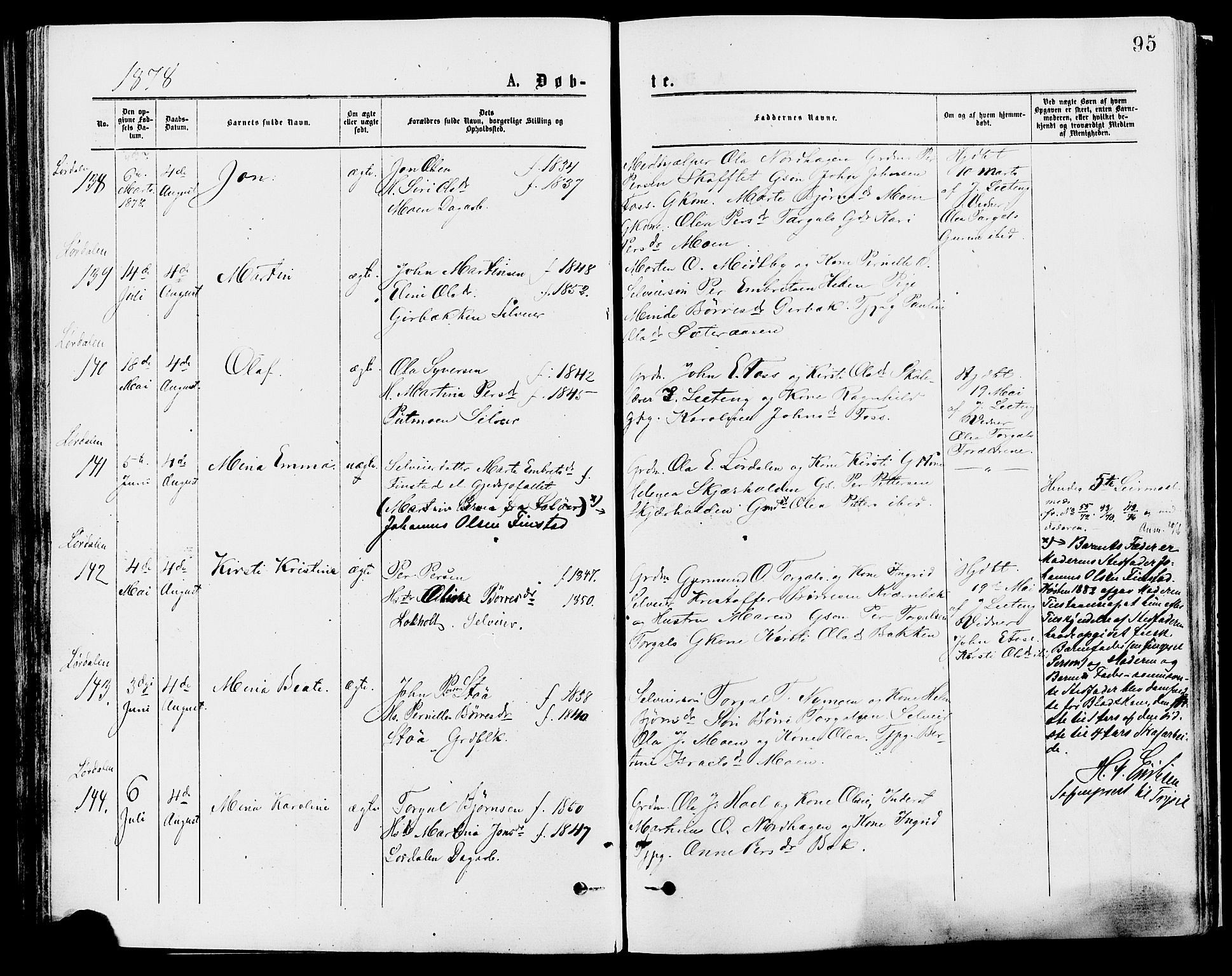 Trysil prestekontor, SAH/PREST-046/H/Ha/Haa/L0007: Ministerialbok nr. 7, 1874-1880, s. 95