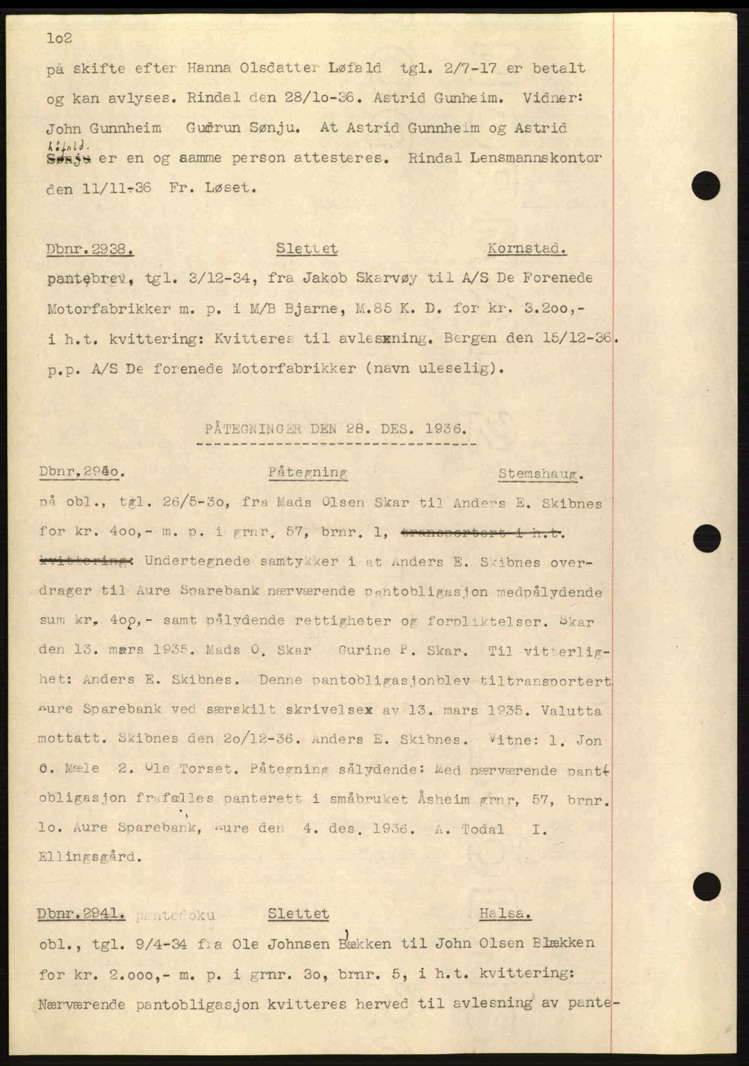 Nordmøre sorenskriveri, AV/SAT-A-4132/1/2/2Ca: Pantebok nr. C80, 1936-1939, Dagboknr: 2938/1936