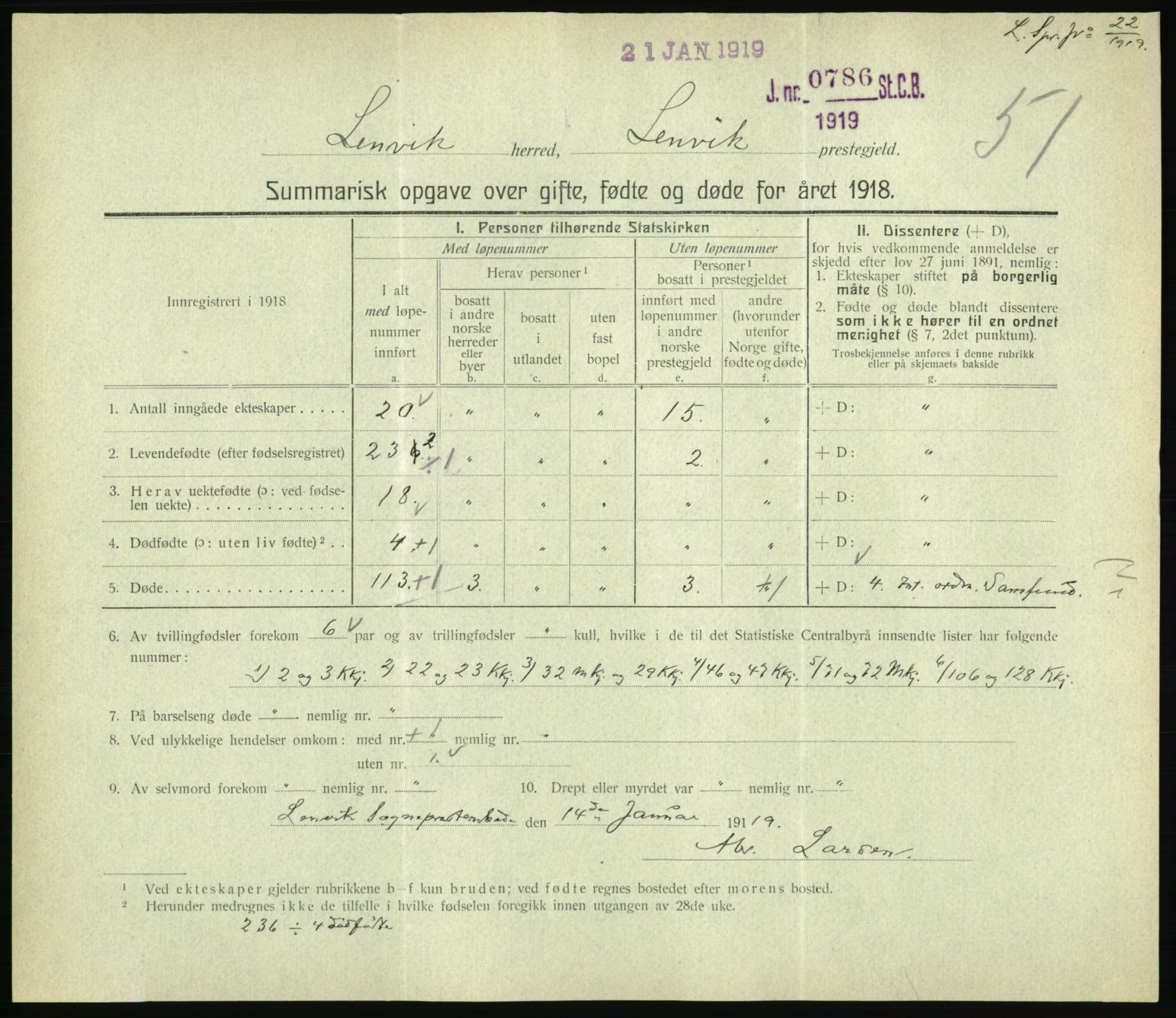 Statistisk sentralbyrå, Sosiodemografiske emner, Befolkning, RA/S-2228/D/Df/Dfb/Dfbh/L0059: Summariske oppgaver over gifte, fødte og døde for hele landet., 1918, s. 1625