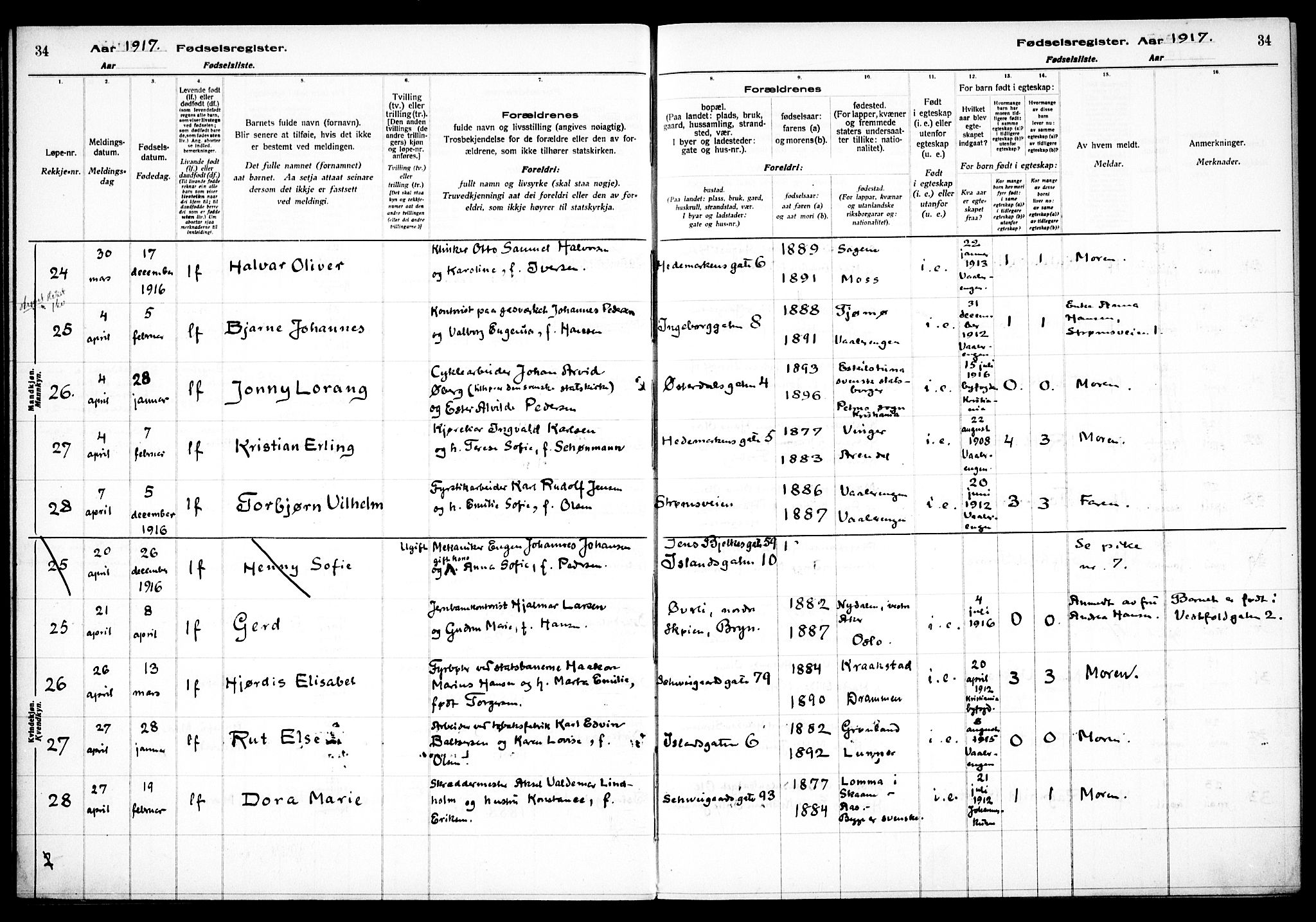 Vålerengen prestekontor Kirkebøker, AV/SAO-A-10878/J/Ja/L0001: Fødselsregister nr. 1, 1916-1924, s. 34