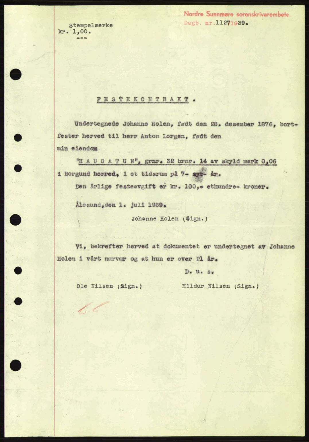 Nordre Sunnmøre sorenskriveri, AV/SAT-A-0006/1/2/2C/2Ca: Pantebok nr. B1-6, 1938-1942, Dagboknr: 1127/1939