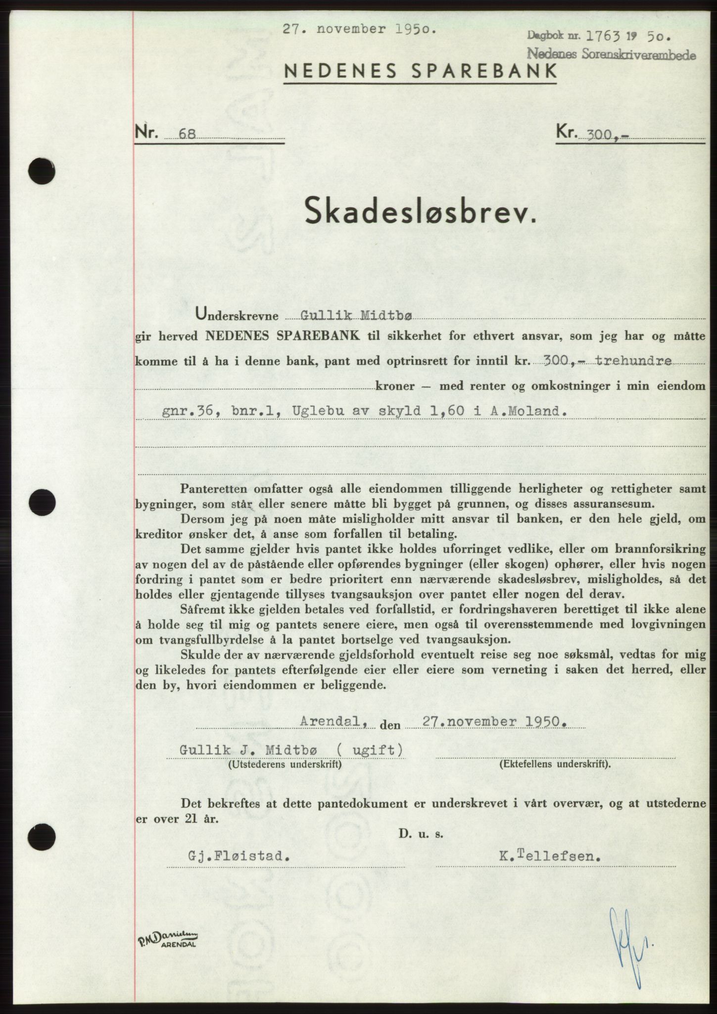 Nedenes sorenskriveri, SAK/1221-0006/G/Gb/Gbb/L0008: Pantebok nr. B8, 1950-1950, Dagboknr: 1763/1950