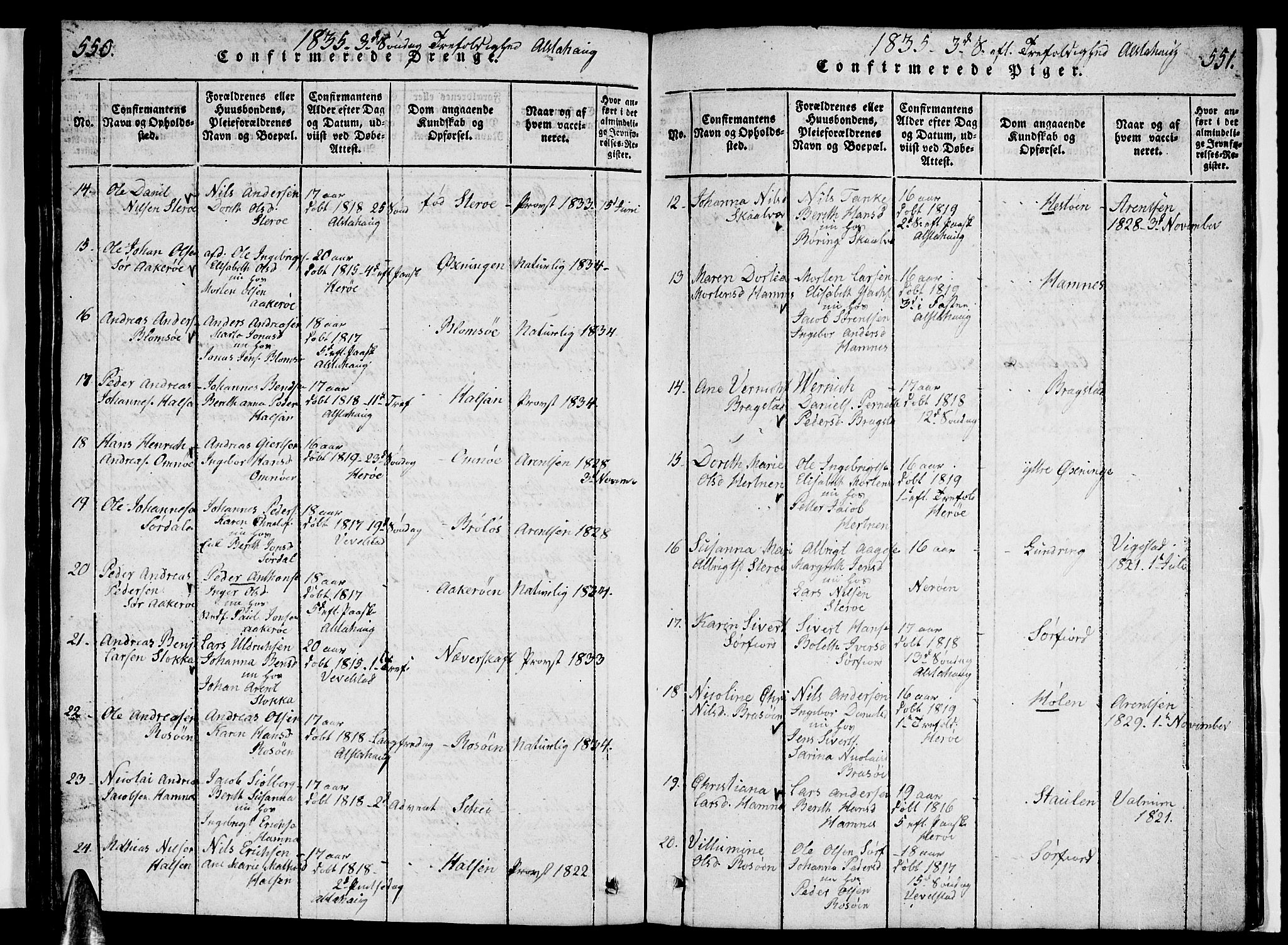 Ministerialprotokoller, klokkerbøker og fødselsregistre - Nordland, AV/SAT-A-1459/830/L0457: Klokkerbok nr. 830C01 /1, 1820-1842, s. 550-551