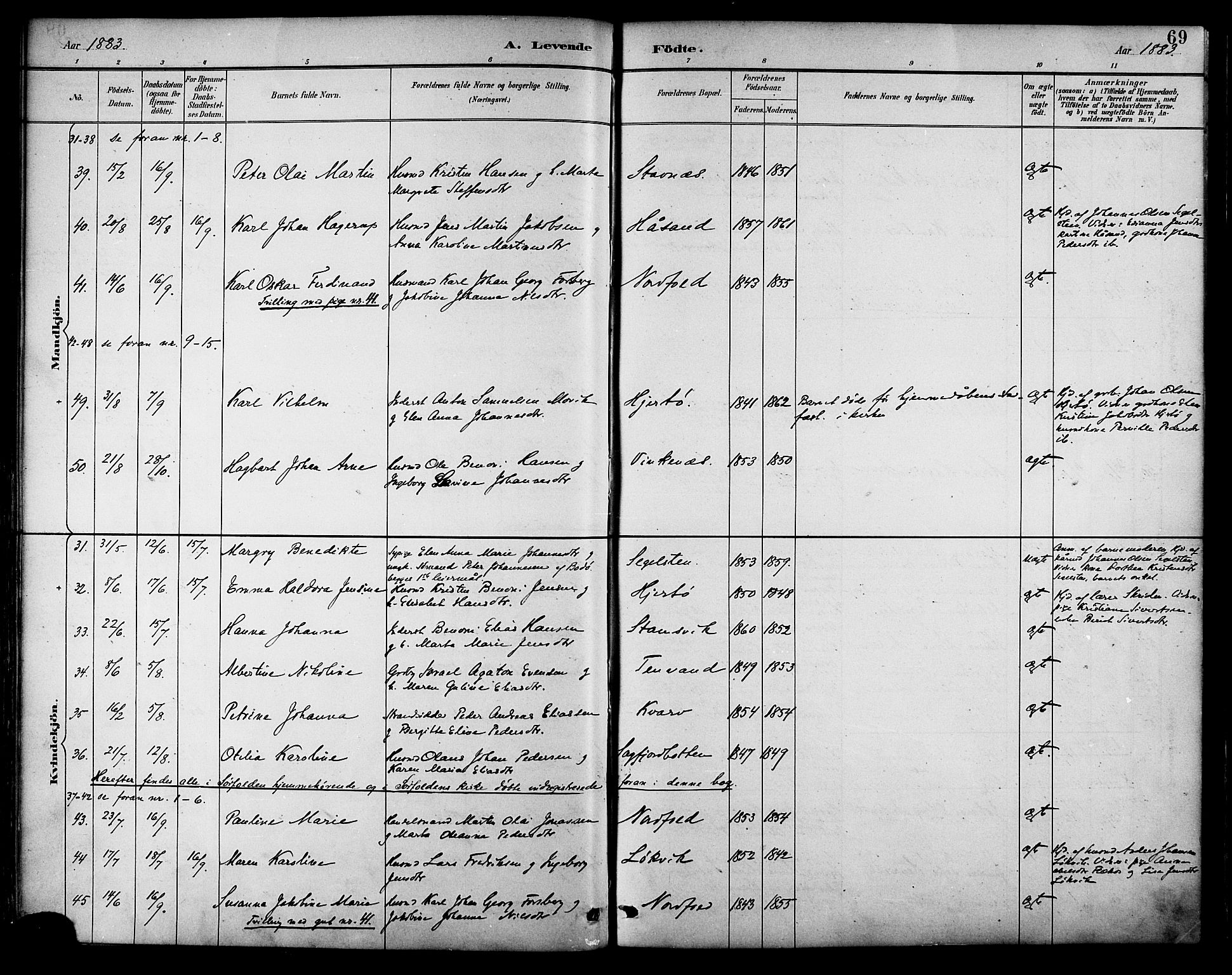 Ministerialprotokoller, klokkerbøker og fødselsregistre - Nordland, AV/SAT-A-1459/854/L0778: Ministerialbok nr. 854A01 /2, 1881-1888, s. 69