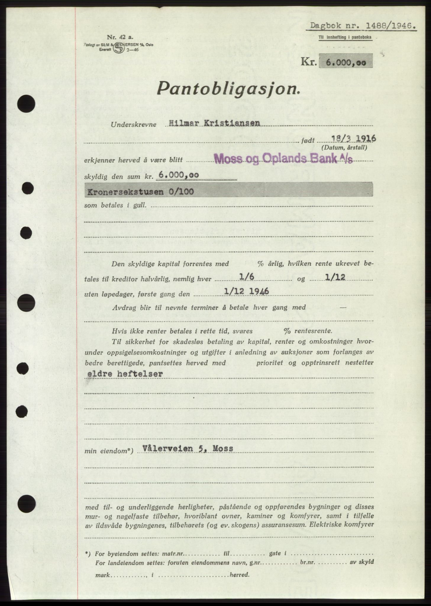 Moss sorenskriveri, SAO/A-10168: Pantebok nr. B15, 1946-1946, Dagboknr: 1488/1946