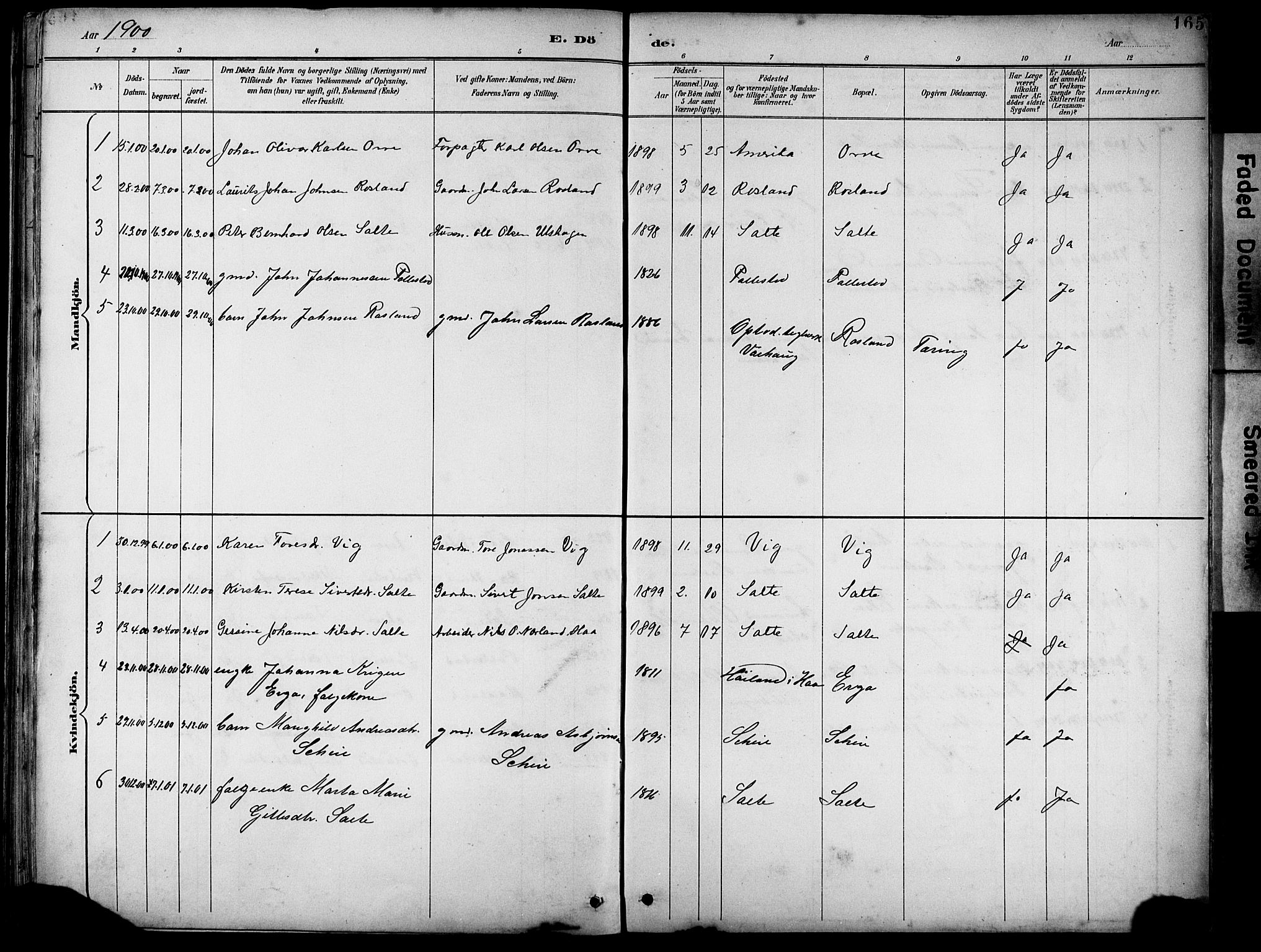 Klepp sokneprestkontor, SAST/A-101803/001/3/30BB/L0005: Klokkerbok nr. B 5, 1889-1918, s. 165