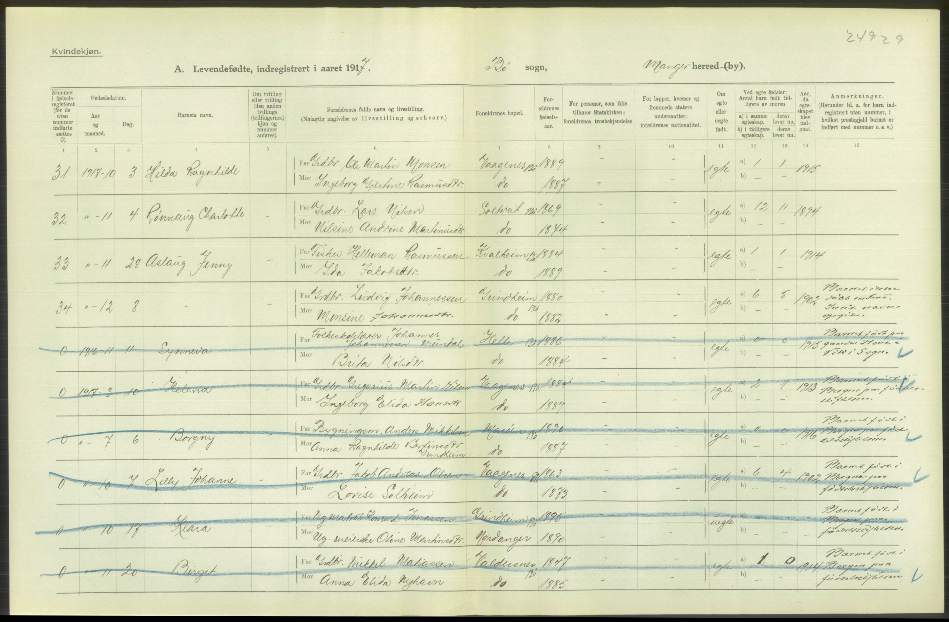 Statistisk sentralbyrå, Sosiodemografiske emner, Befolkning, RA/S-2228/D/Df/Dfb/Dfbg/L0034: S. Bergenhus amt: Levendefødte menn og kvinner. Bygder., 1917, s. 88