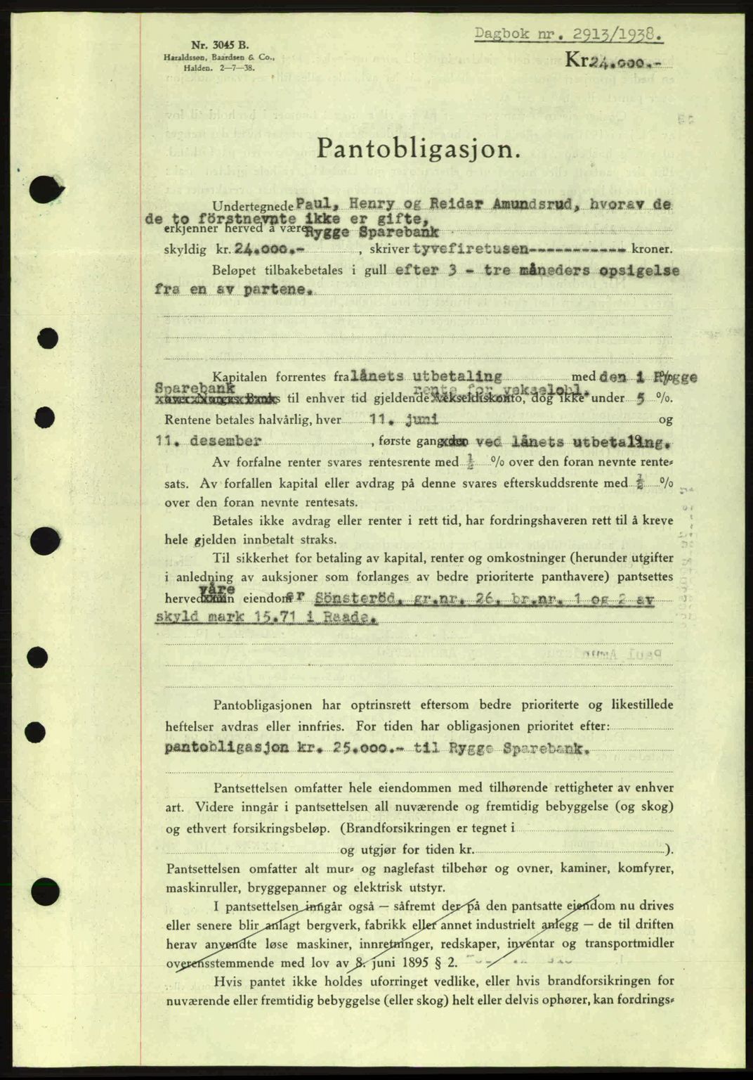 Moss sorenskriveri, SAO/A-10168: Pantebok nr. B6, 1938-1938, Dagboknr: 2913/1938