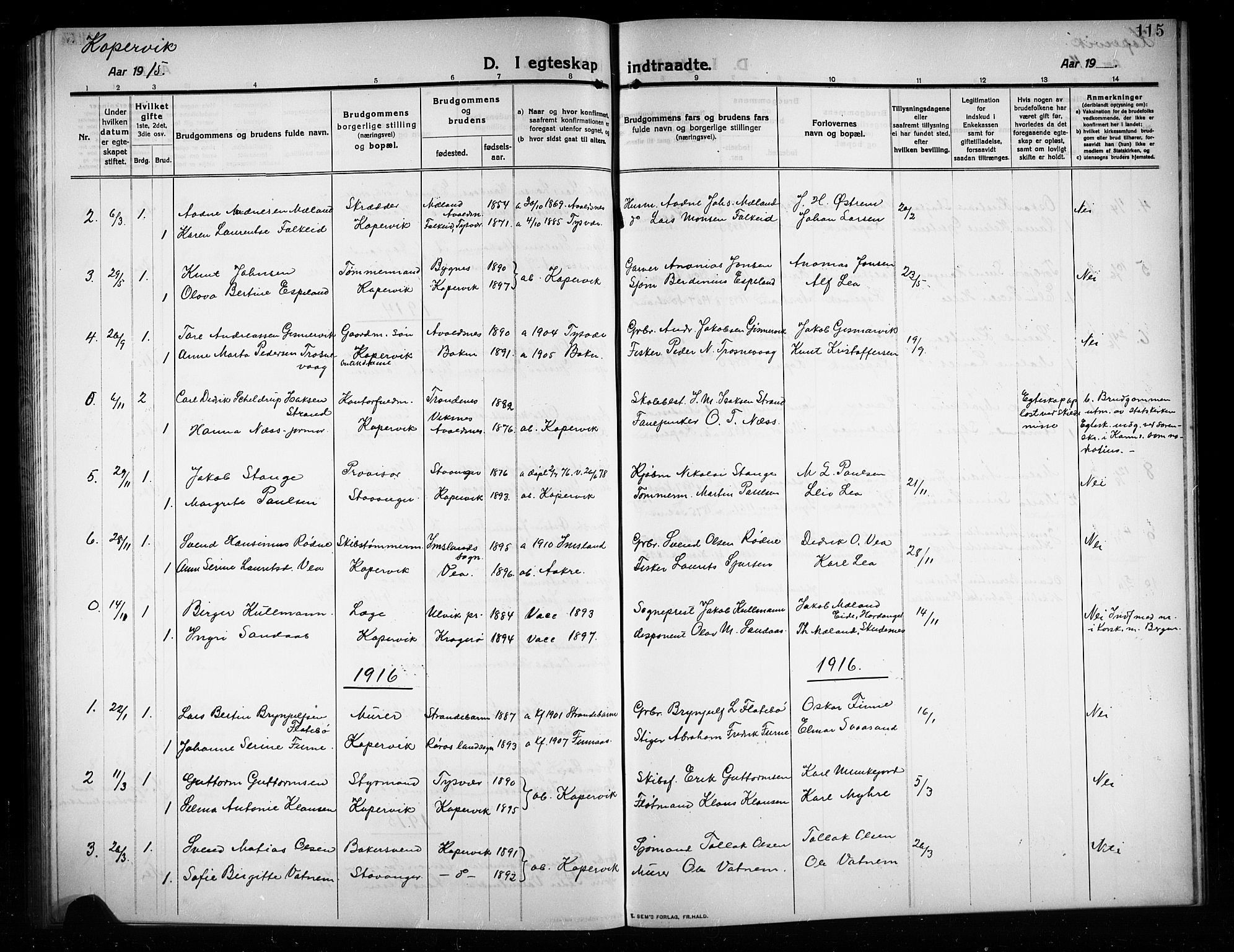 Kopervik sokneprestkontor, SAST/A-101850/H/Ha/Hab/L0005: Klokkerbok nr. B 5, 1909-1918, s. 115