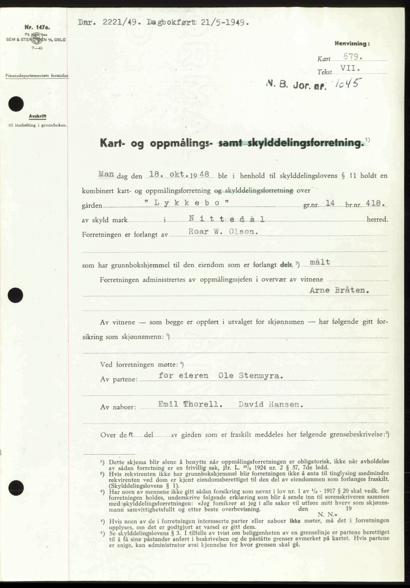 Nedre Romerike sorenskriveri, SAO/A-10469/G/Gb/Gbd/L0025: Pantebok nr. 25, 1949-1949, Dagboknr: 2221/1949