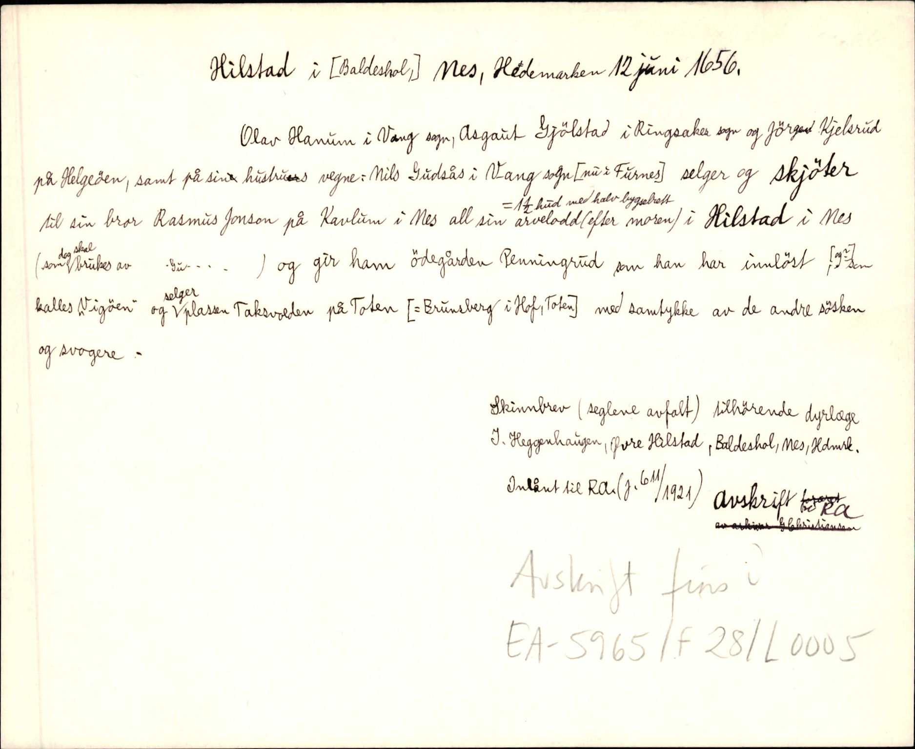 Riksarkivets diplomsamling, AV/RA-EA-5965/F35/F35d/L0004: Innlånte diplomer, seddelregister, 1643-1660, s. 465