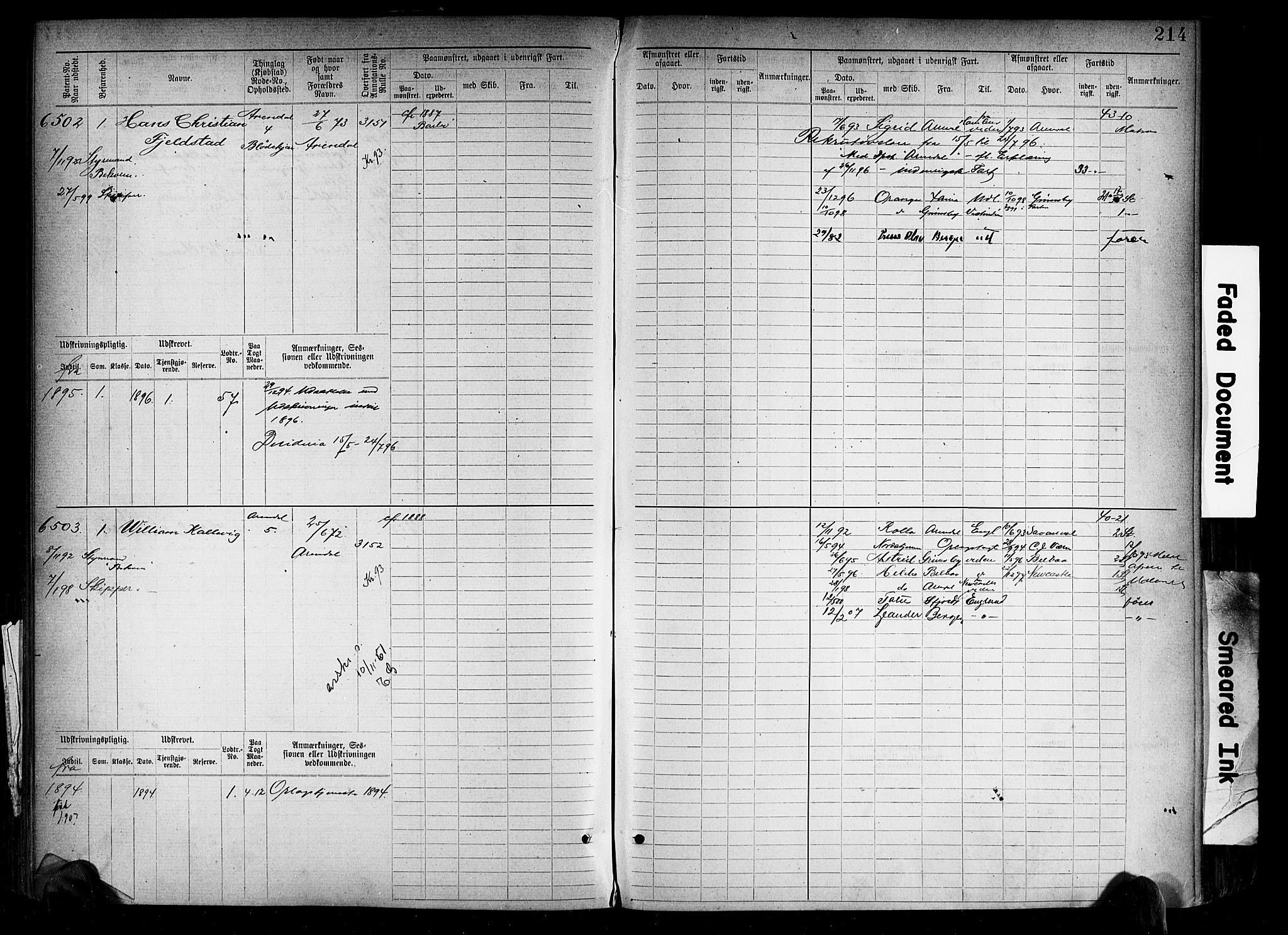 Arendal mønstringskrets, AV/SAK-2031-0012/F/Fb/L0018: Hovedrulle A nr 6077-6849, S-16, 1892-1894, s. 214