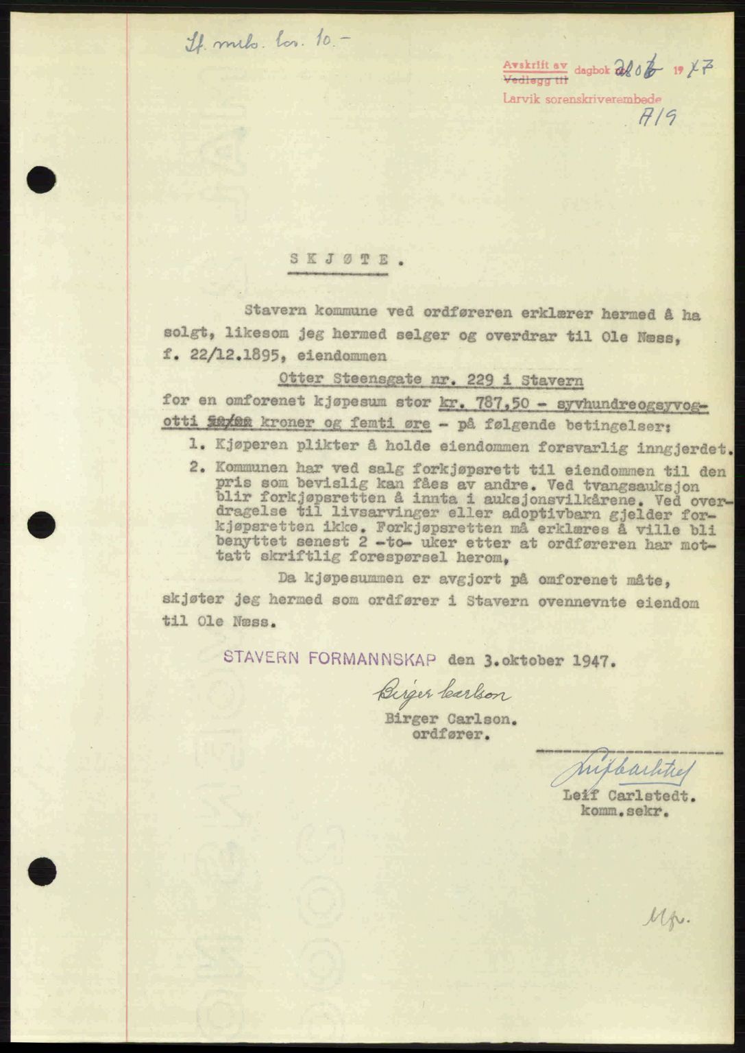 Larvik sorenskriveri, SAKO/A-83/G/Ga/Gab/L0085: Pantebok nr. A-19, 1947-1948, Dagboknr: 2806/1947