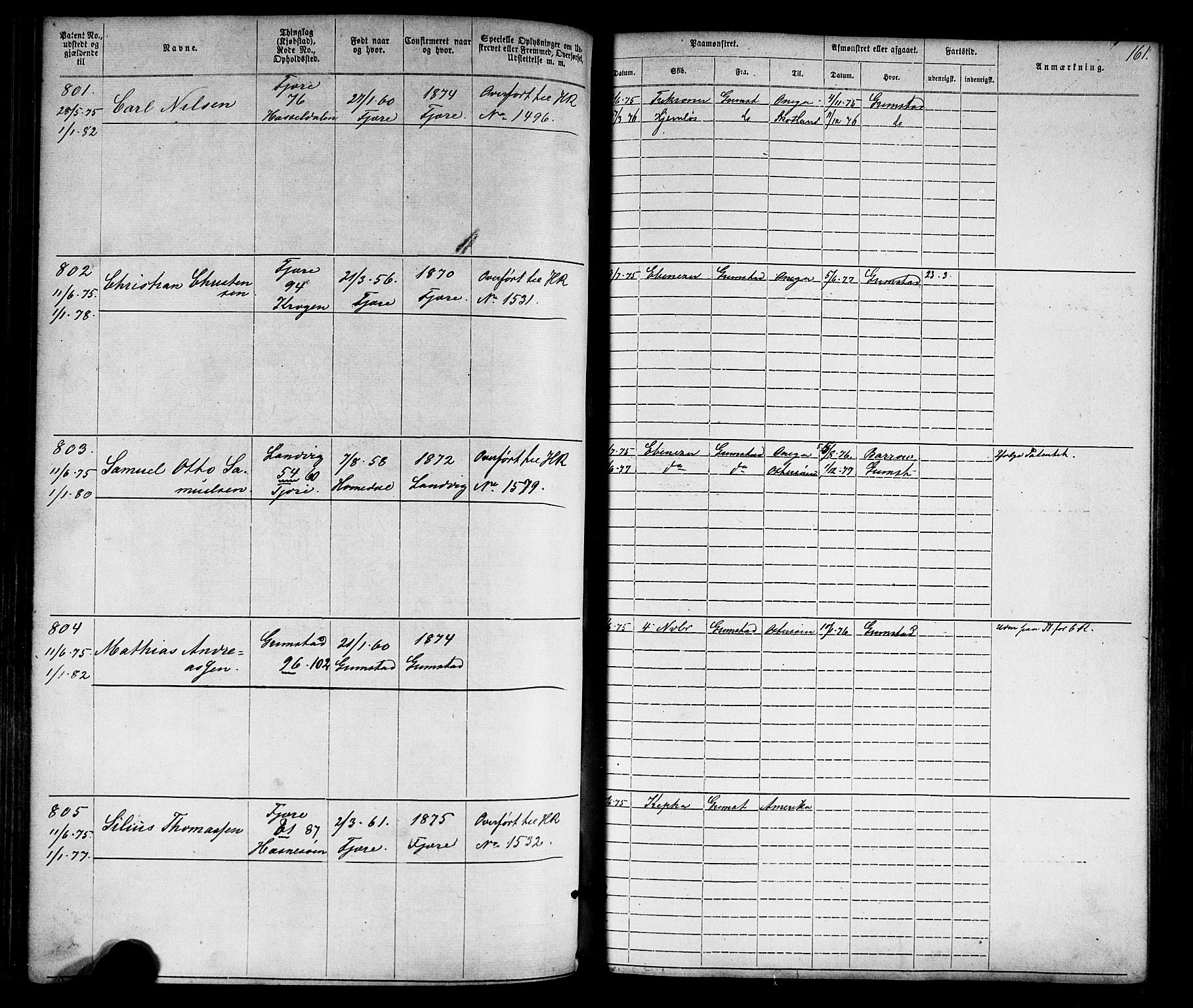 Grimstad mønstringskrets, AV/SAK-2031-0013/F/Fa/L0005: Annotasjonsrulle nr 1-1910 med register, V-18, 1870-1892, s. 188