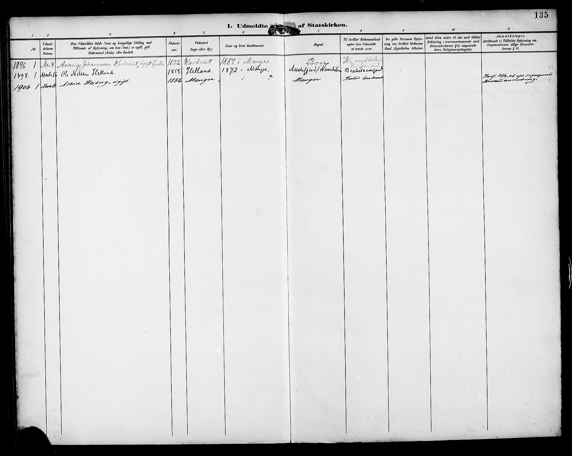 Manger sokneprestembete, SAB/A-76801/H/Haa: Ministerialbok nr. B 2, 1893-1906, s. 135