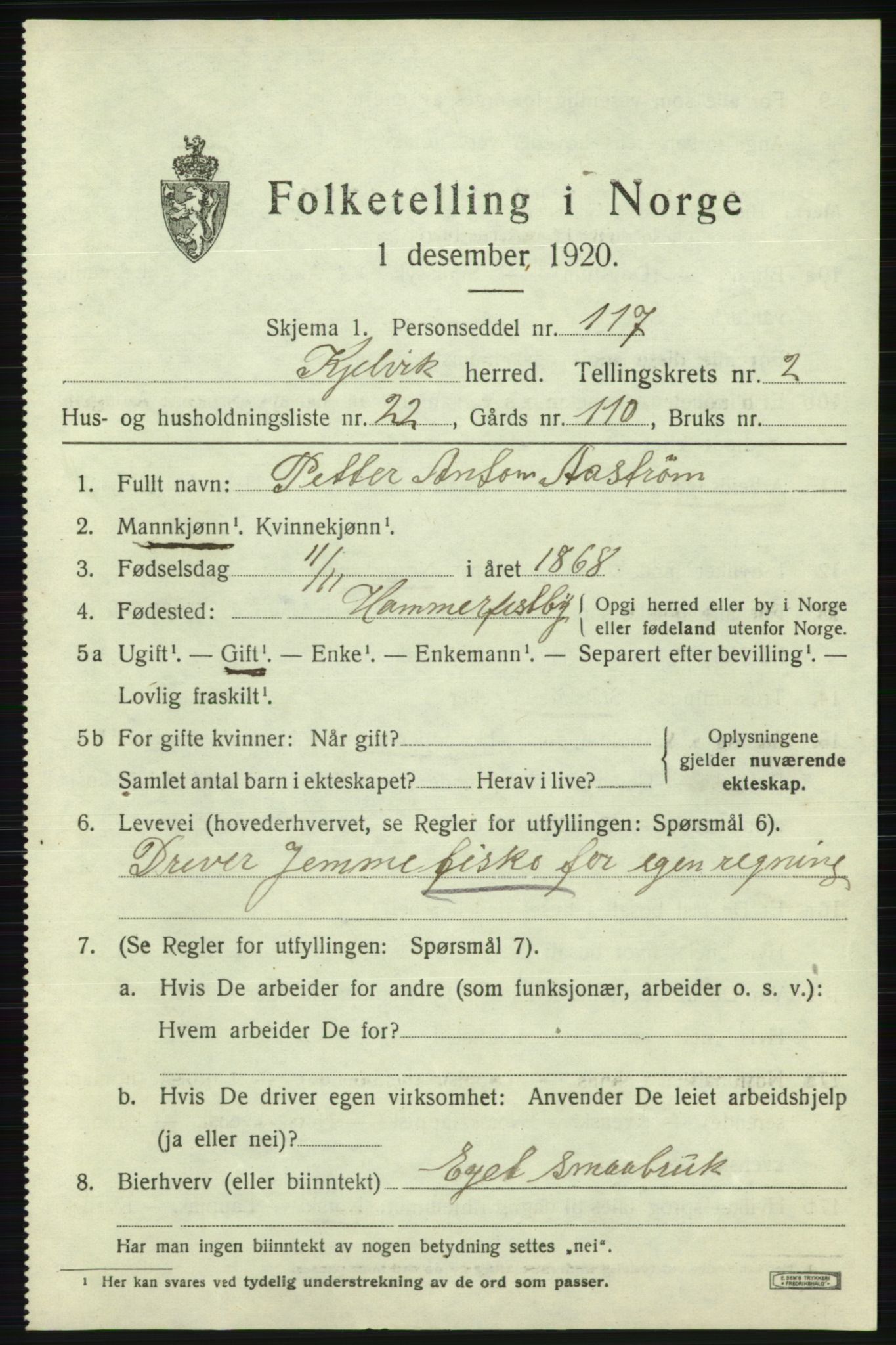 SATØ, Folketelling 1920 for 2019 Kjelvik herred, 1920, s. 1619