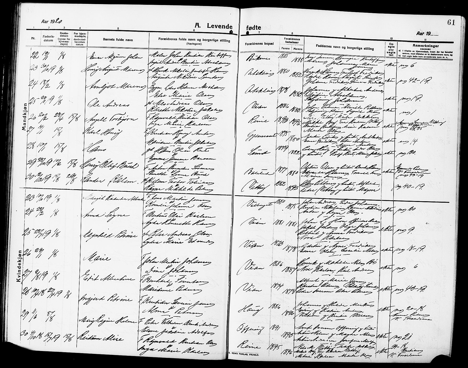 Ministerialprotokoller, klokkerbøker og fødselsregistre - Nordland, AV/SAT-A-1459/881/L1169: Klokkerbok nr. 881C06, 1912-1930, s. 61