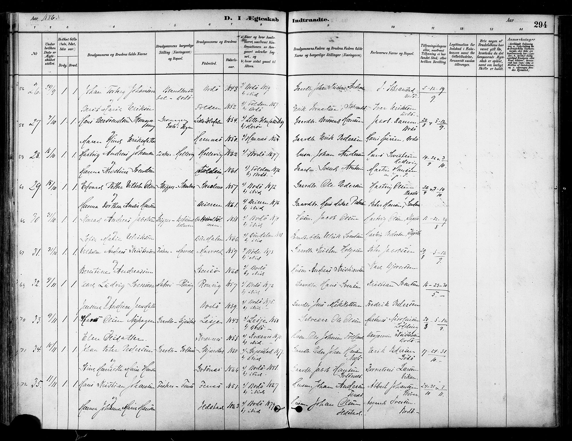 Ministerialprotokoller, klokkerbøker og fødselsregistre - Nordland, AV/SAT-A-1459/802/L0054: Ministerialbok nr. 802A01, 1879-1893, s. 294