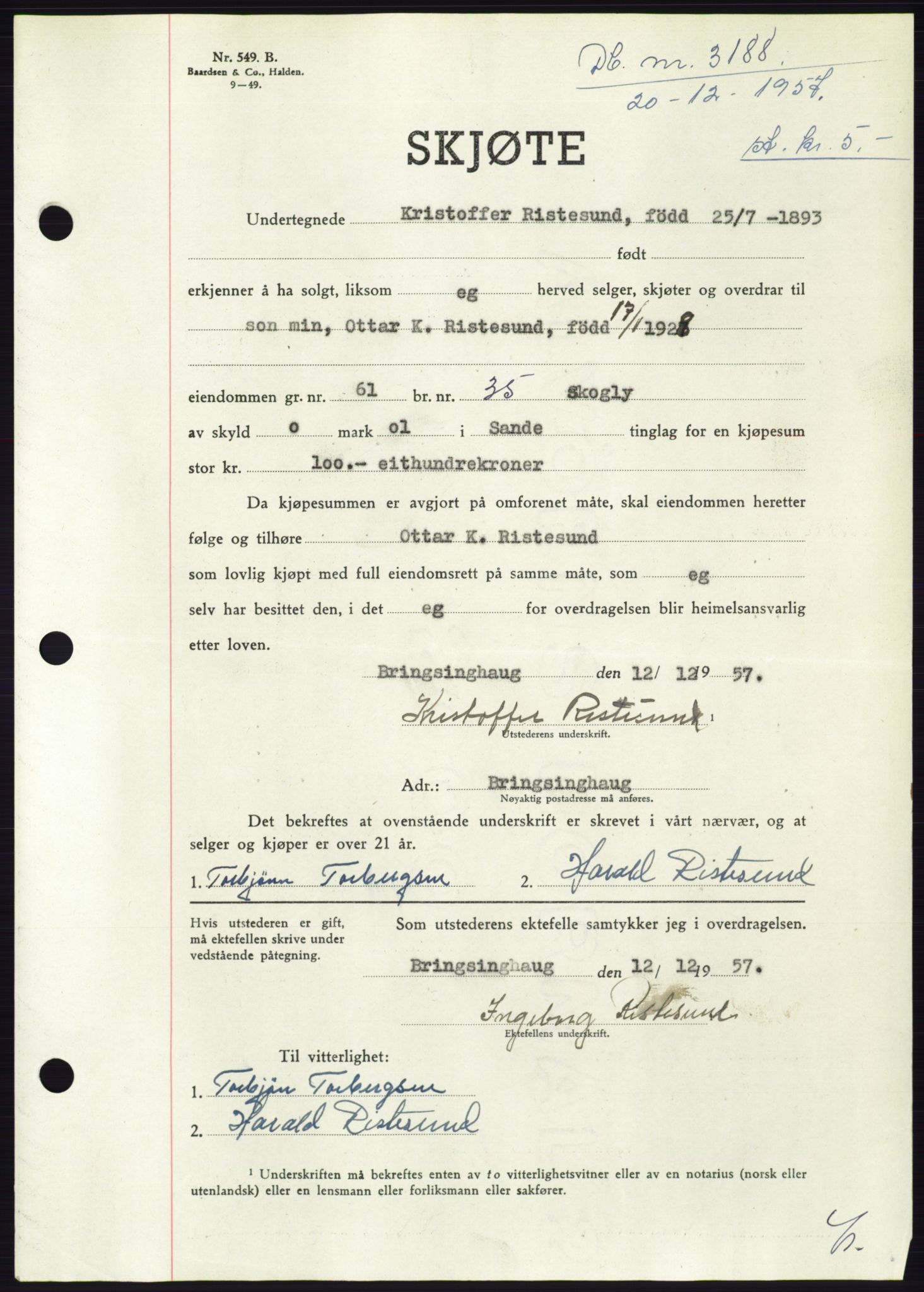 Søre Sunnmøre sorenskriveri, AV/SAT-A-4122/1/2/2C/L0108: Pantebok nr. 34A, 1957-1958, Dagboknr: 3188/1957