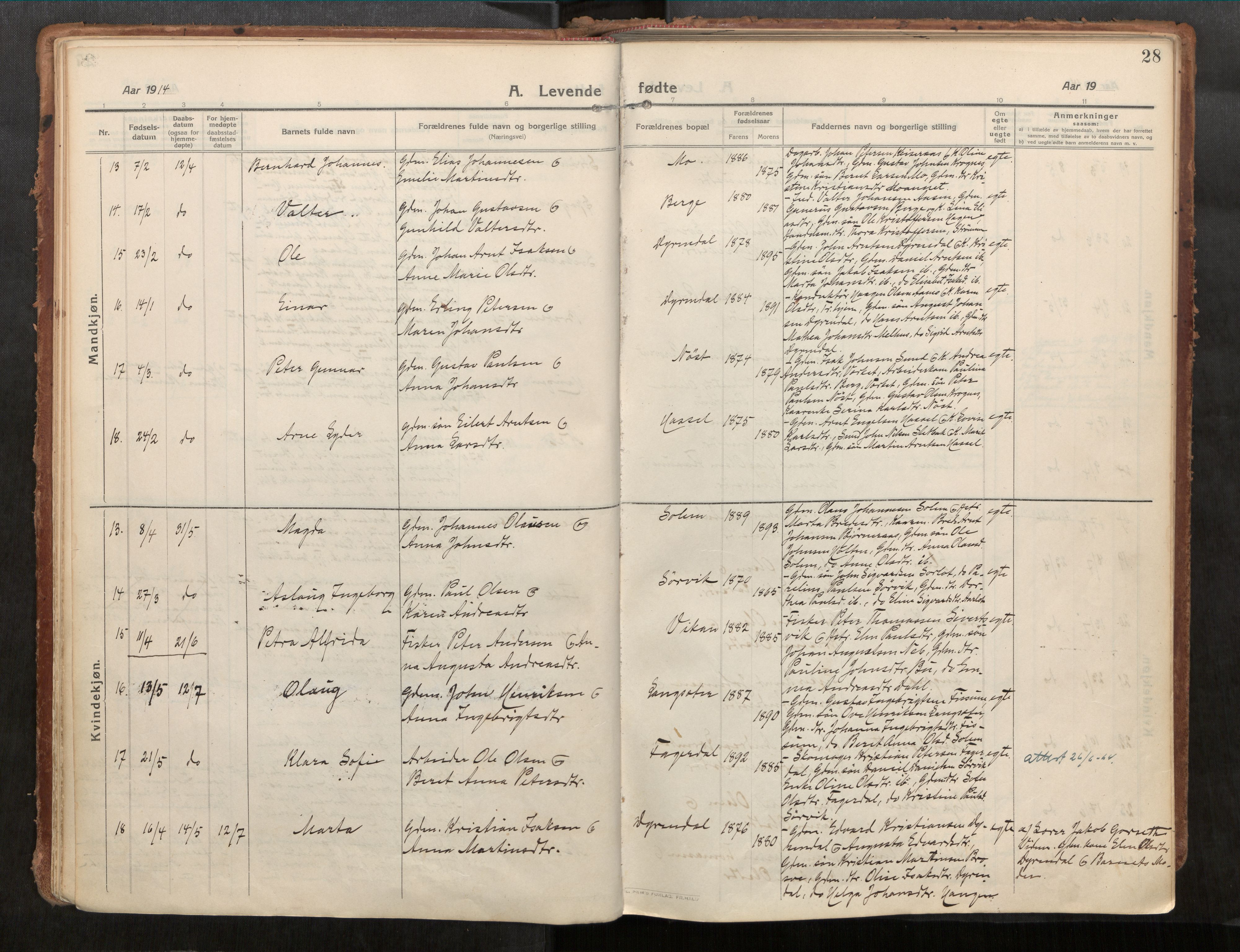 Stadsbygd sokneprestkontor, AV/SAT-A-1117/1/I/I1/I1a/L0001: Ministerialbok nr. 1, 1911-1929, s. 28