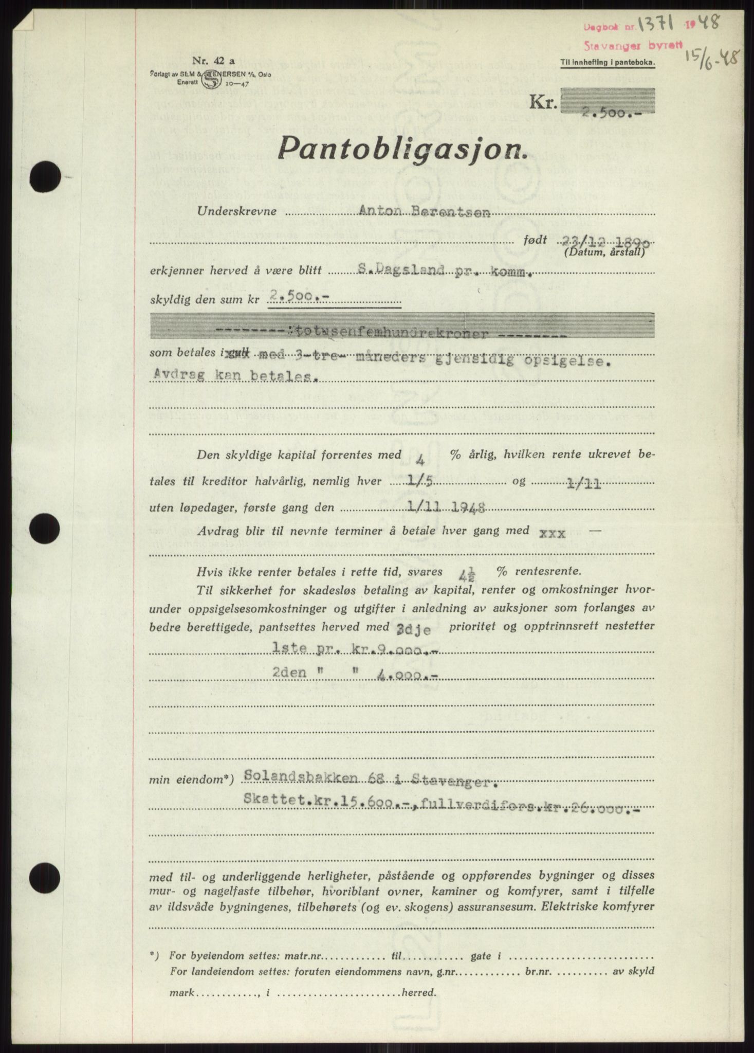 Stavanger byrett, SAST/A-100455/002/G/Gb/L0032: Pantebok, 1947-1950, Dagboknr: 1371/1948