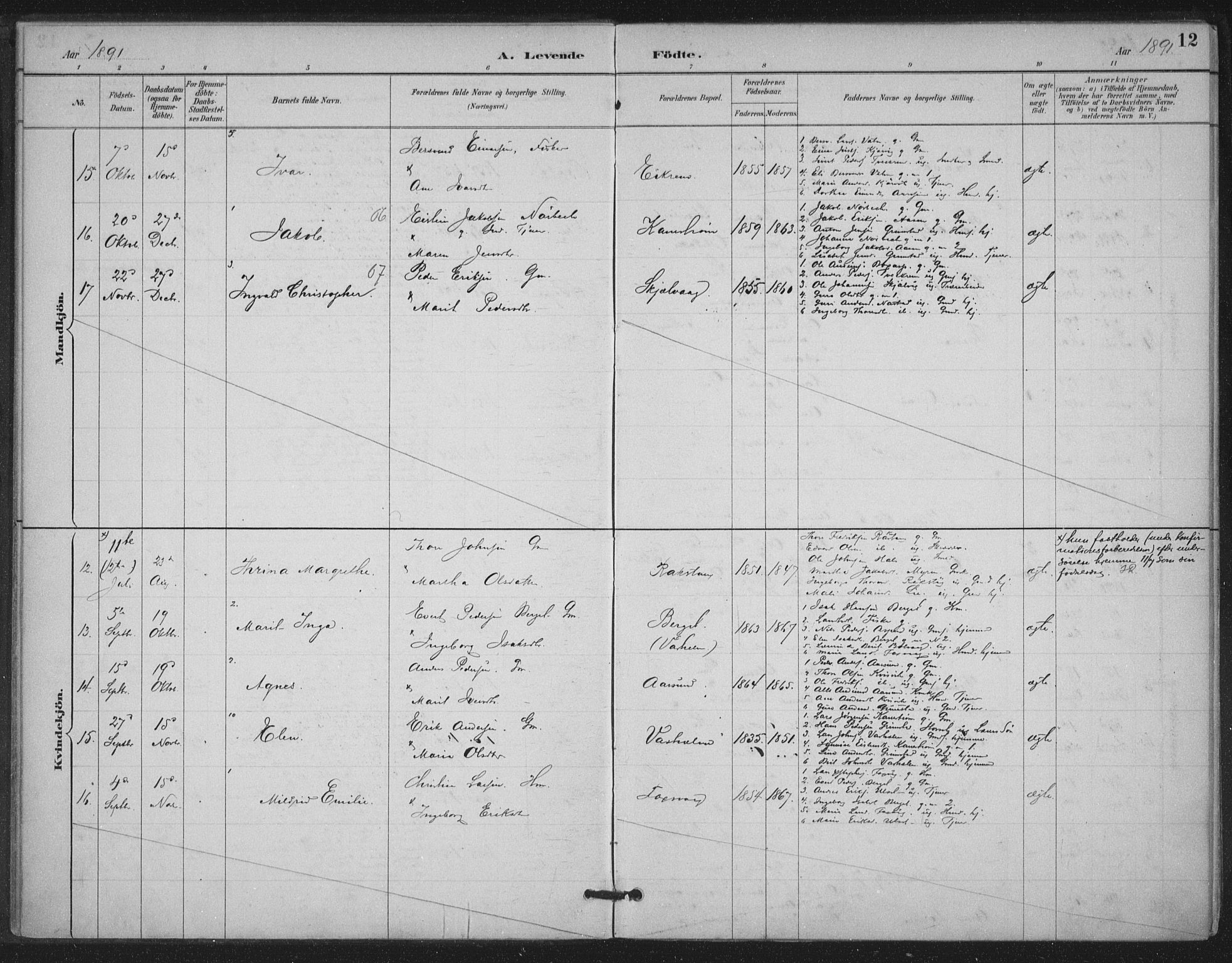 Ministerialprotokoller, klokkerbøker og fødselsregistre - Møre og Romsdal, AV/SAT-A-1454/587/L1000: Ministerialbok nr. 587A02, 1887-1910, s. 12