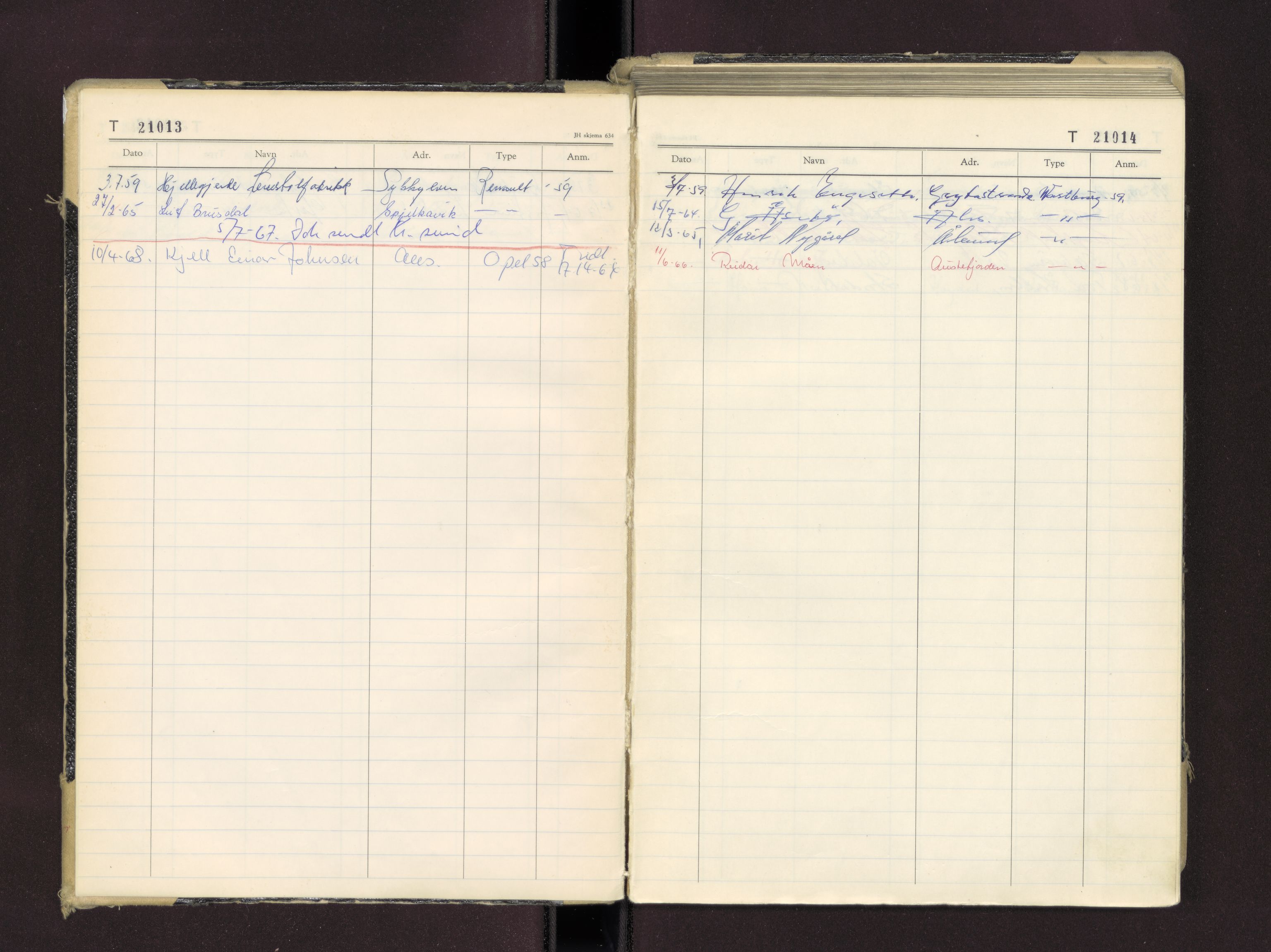 Møre og Romsdal vegkontor - Ålesund trafikkstasjon, AV/SAT-A-4099/F/Fc/L0016: Bilregister; T 21000 - T 21499, 1955-1970