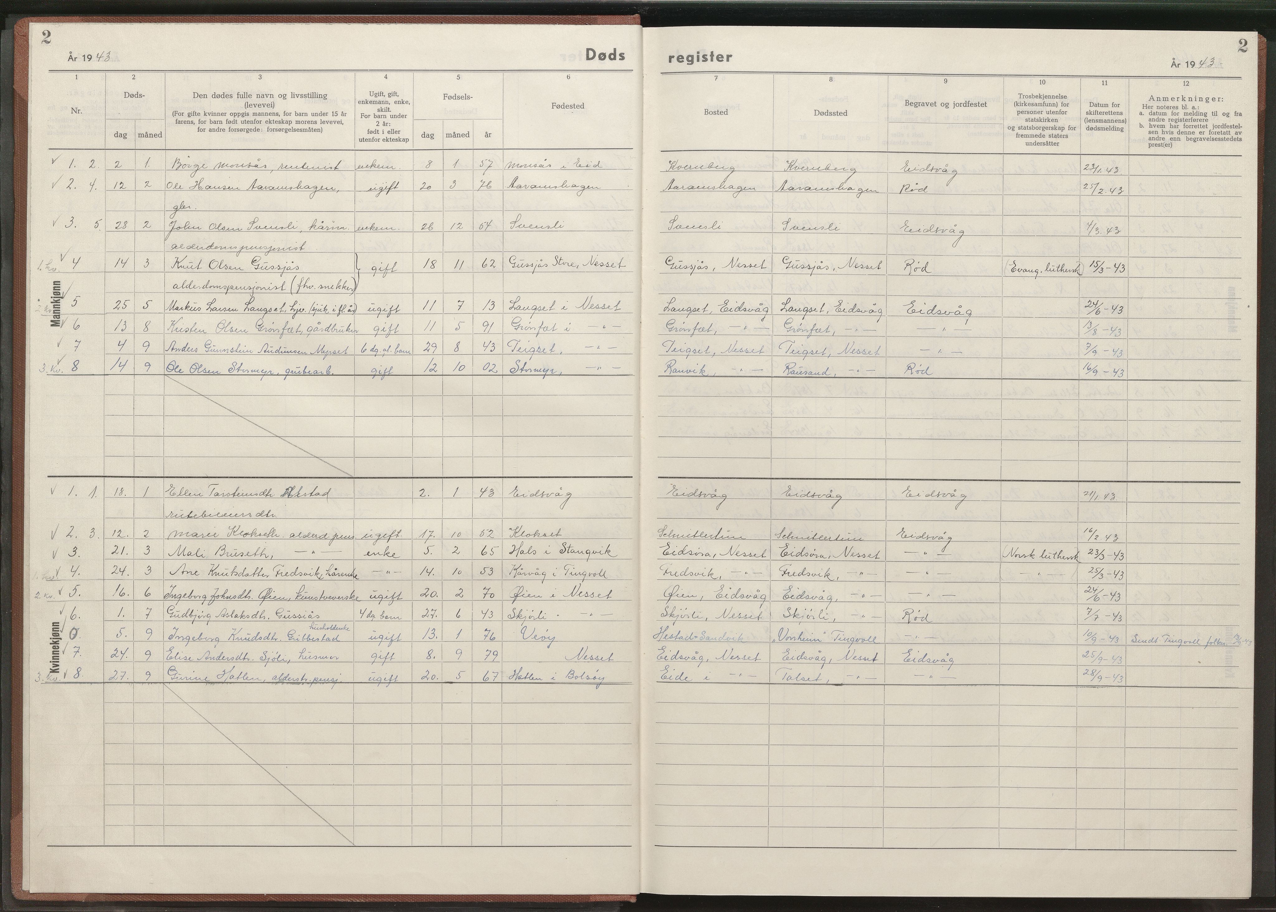 Folkeregistersamling 1942 - 1945, AV/SAT-A-4474/A/A43/L0003: Dødsfallsregister, 1942