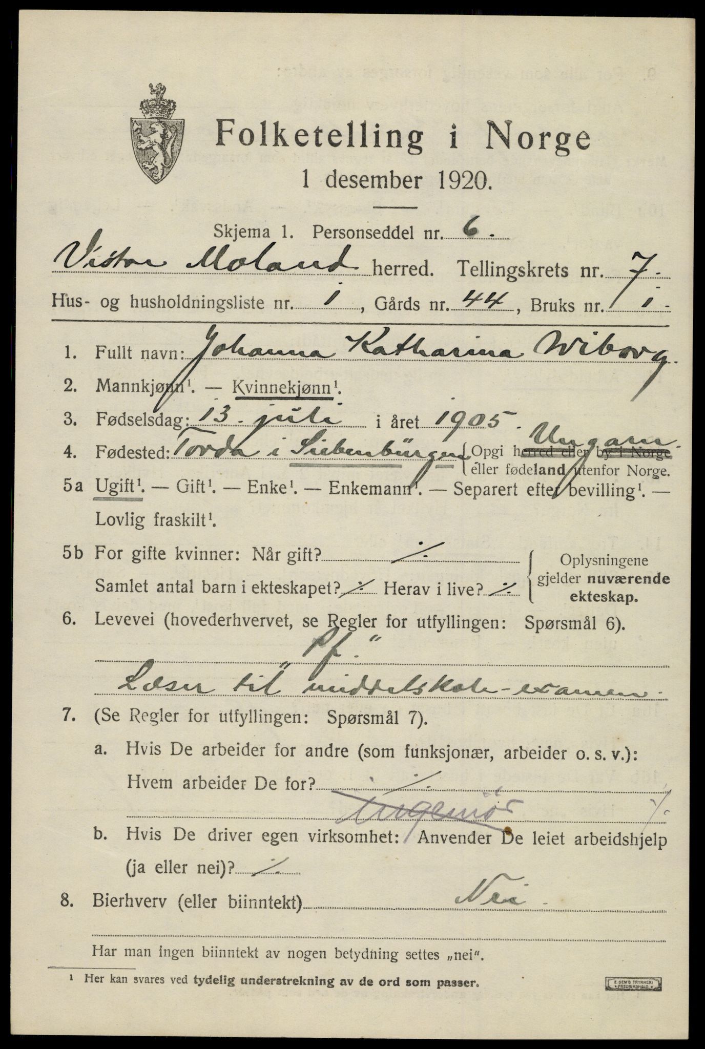 SAK, Folketelling 1920 for 0926 Vestre Moland herred, 1920, s. 4779