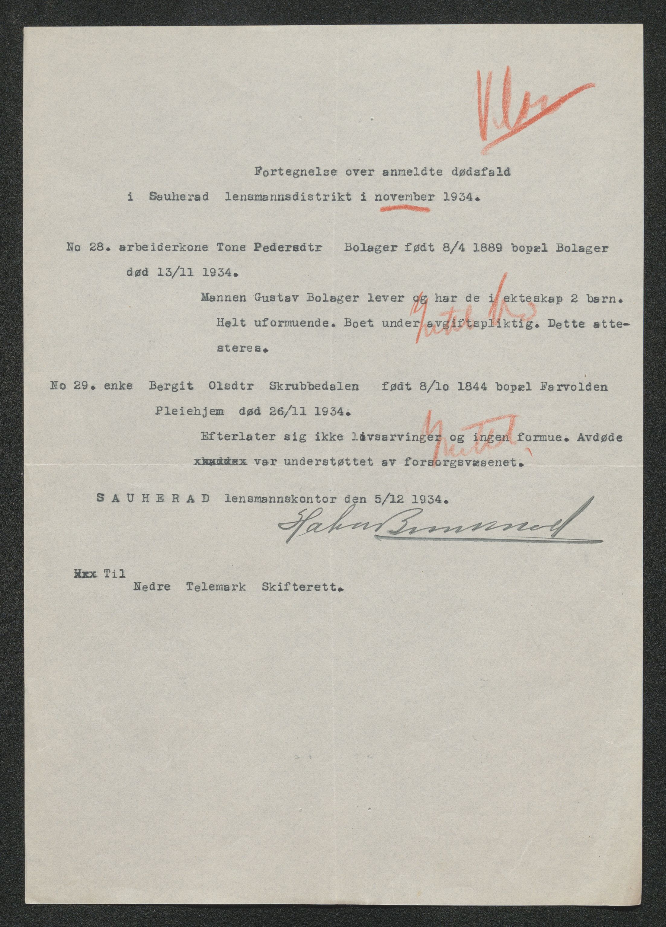 Nedre Telemark sorenskriveri, SAKO/A-135/H/Ha/Hab/L0008: Dødsfallsfortegnelser
, 1931-1935, s. 1285
