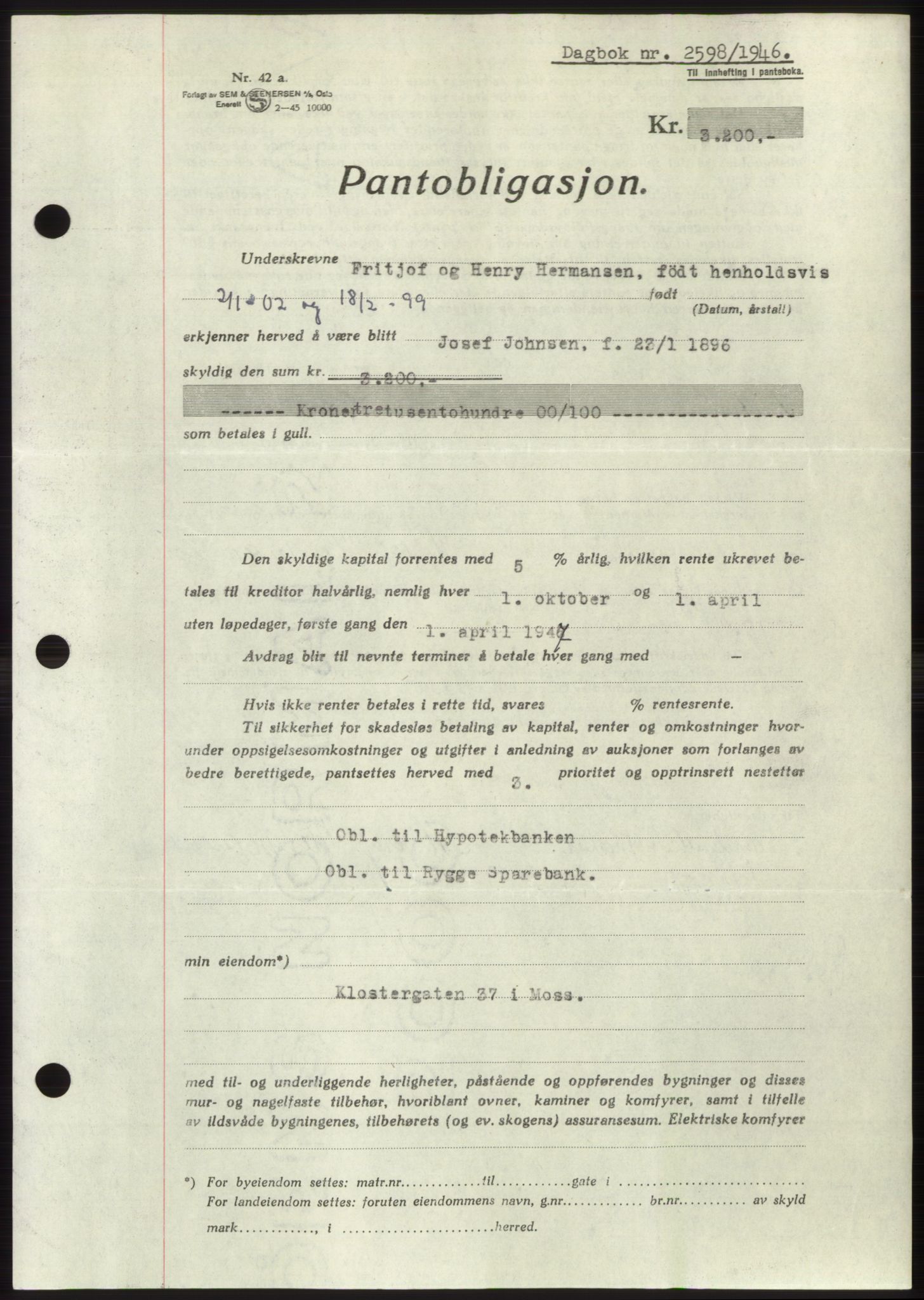 Moss sorenskriveri, SAO/A-10168: Pantebok nr. B16, 1946-1947, Dagboknr: 2598/1946