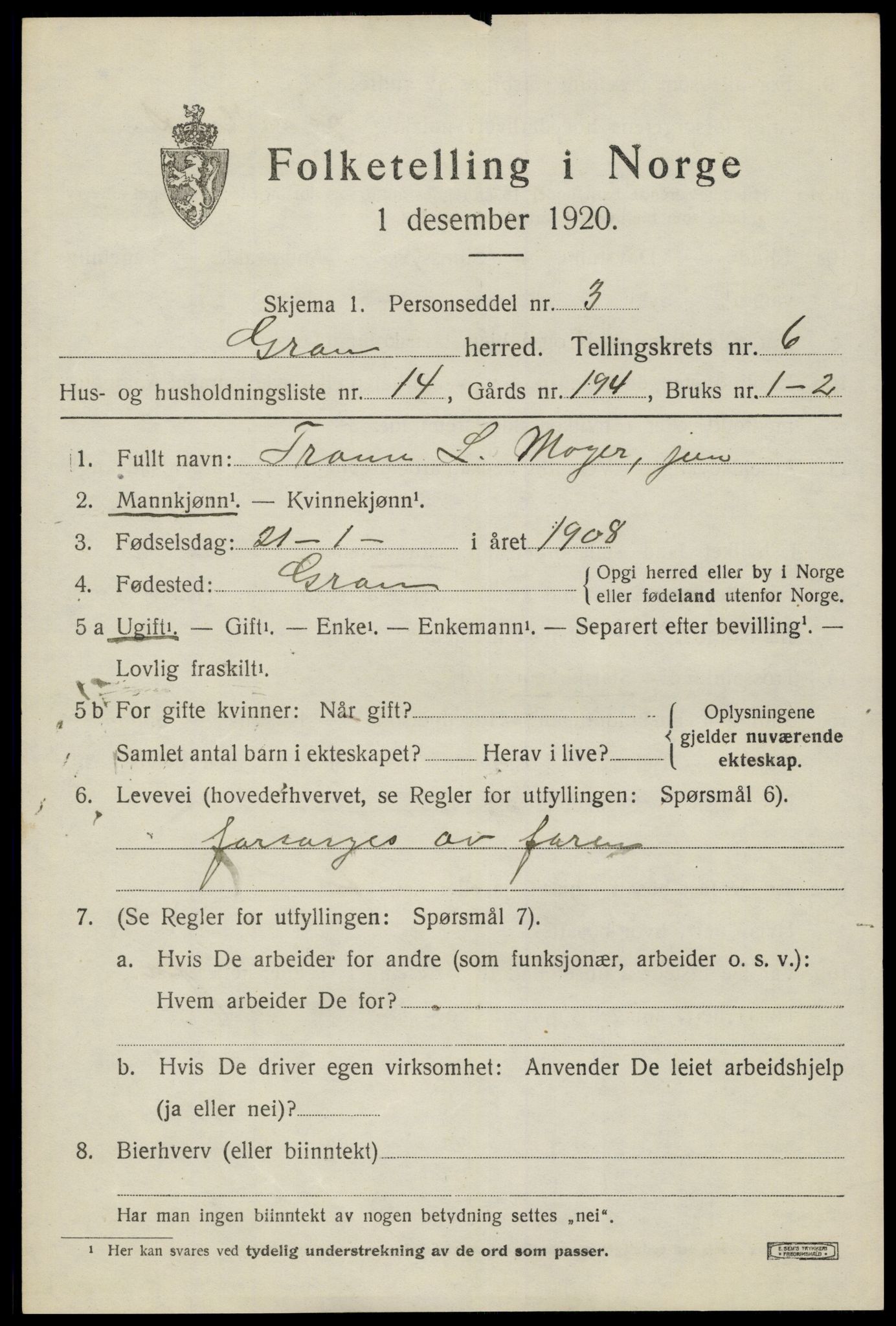 SAH, Folketelling 1920 for 0534 Gran herred, 1920, s. 8487