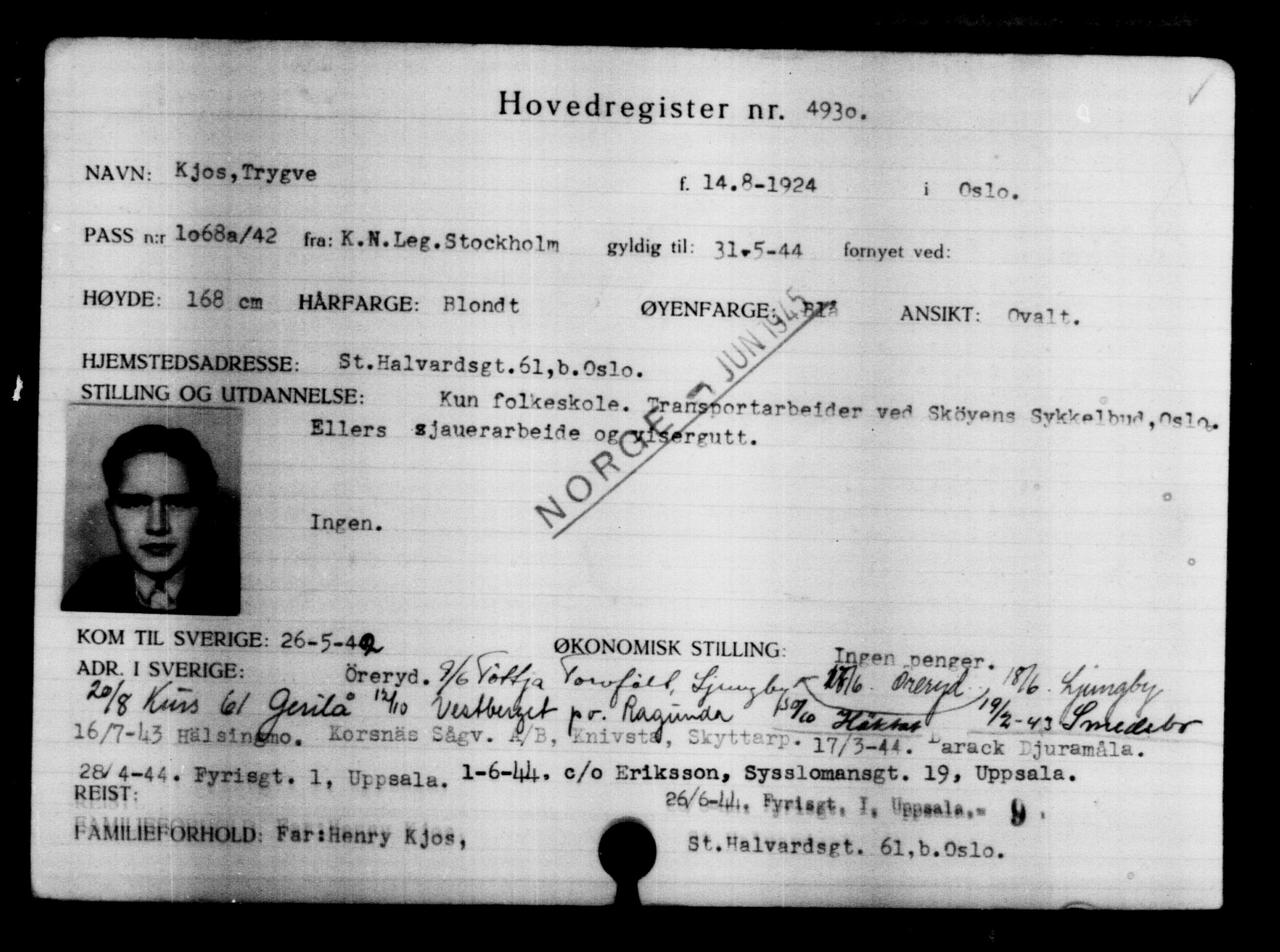 Utenriksstasjonene, Legasjonen i Stockholm, Flyktningkontoret, AV/RA-S-6753/V/Va/L0004: Kjesäterkartoteket, flyktninger med registreringsnr. 3496-6610, 1940-1945, s. 1698