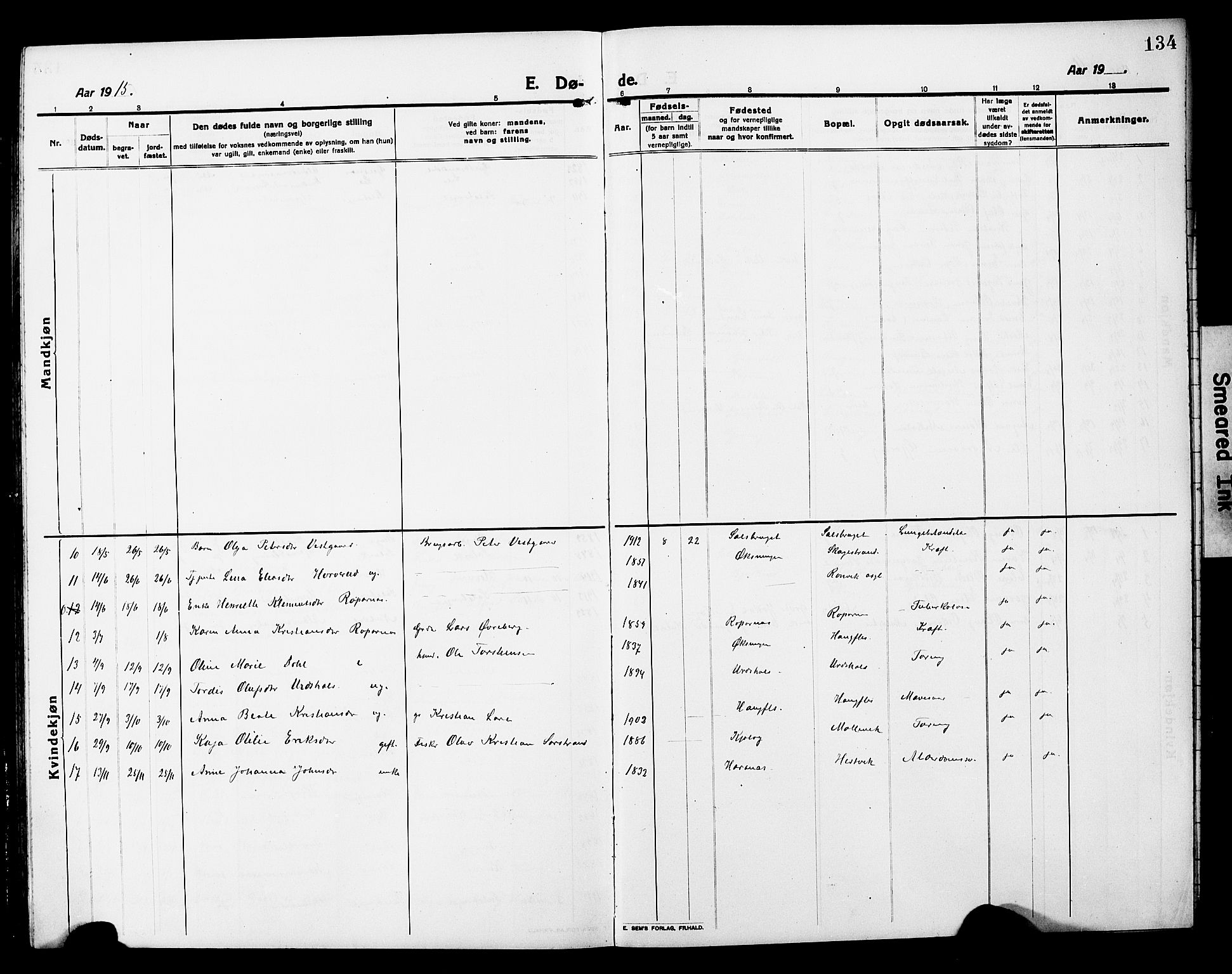Ministerialprotokoller, klokkerbøker og fødselsregistre - Nord-Trøndelag, SAT/A-1458/780/L0653: Klokkerbok nr. 780C05, 1911-1927, s. 134