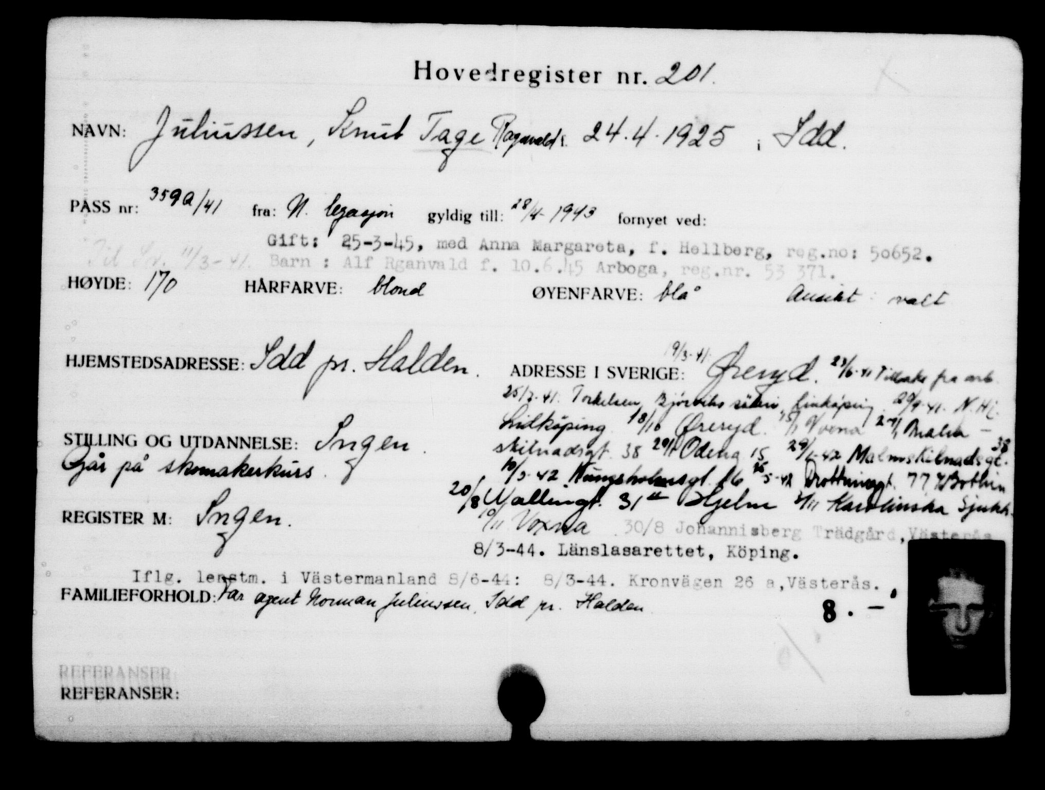 Utenriksstasjonene, Legasjonen i Stockholm, Flyktningkontoret, AV/RA-S-6753/V/Va/L0001: Kjesäterkartoteket, flyktninger med registreringsnr. 1-1000, 1940-1945, s. 328