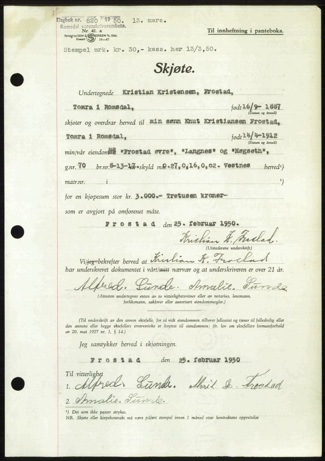 Romsdal sorenskriveri, AV/SAT-A-4149/1/2/2C: Pantebok nr. A32, 1950-1950, Dagboknr: 820/1950