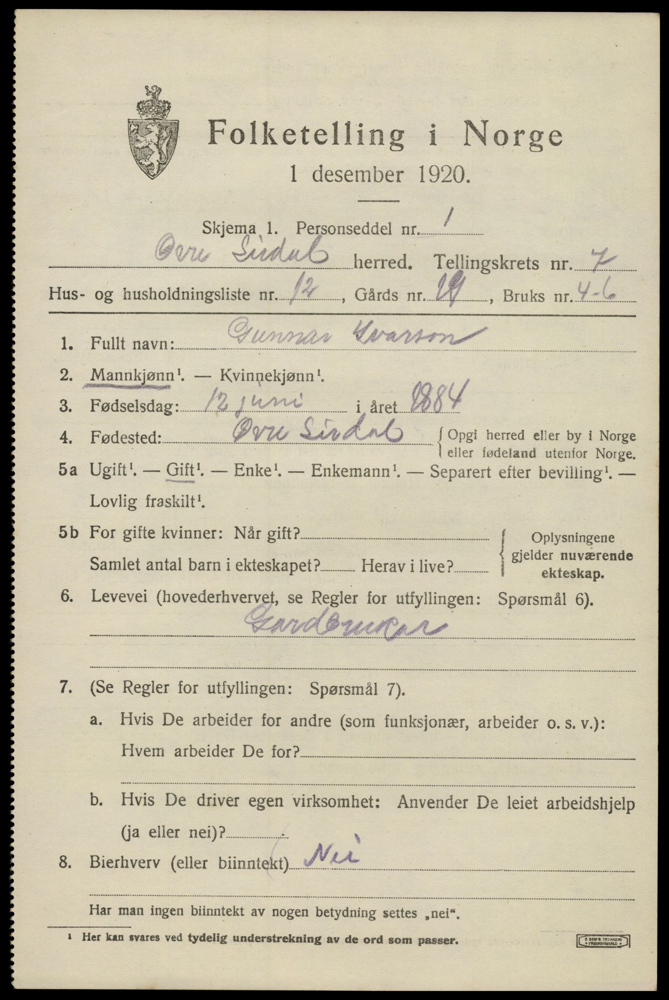 SAK, Folketelling 1920 for 1047 Øvre Sirdal herred, 1920, s. 1313