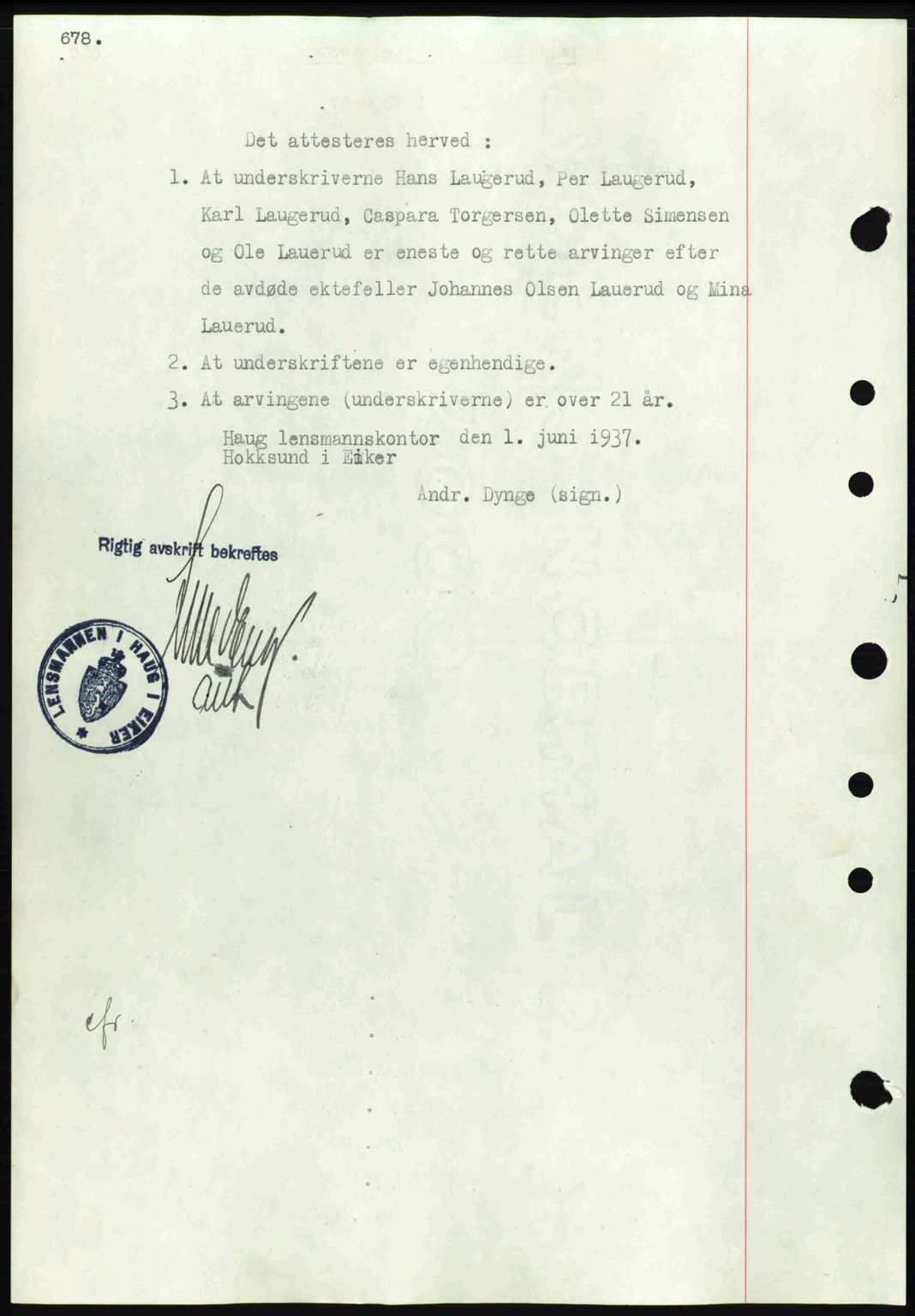 Eiker, Modum og Sigdal sorenskriveri, SAKO/A-123/G/Ga/Gab/L0035: Pantebok nr. A5, 1937-1937, Dagboknr: 1292/1937