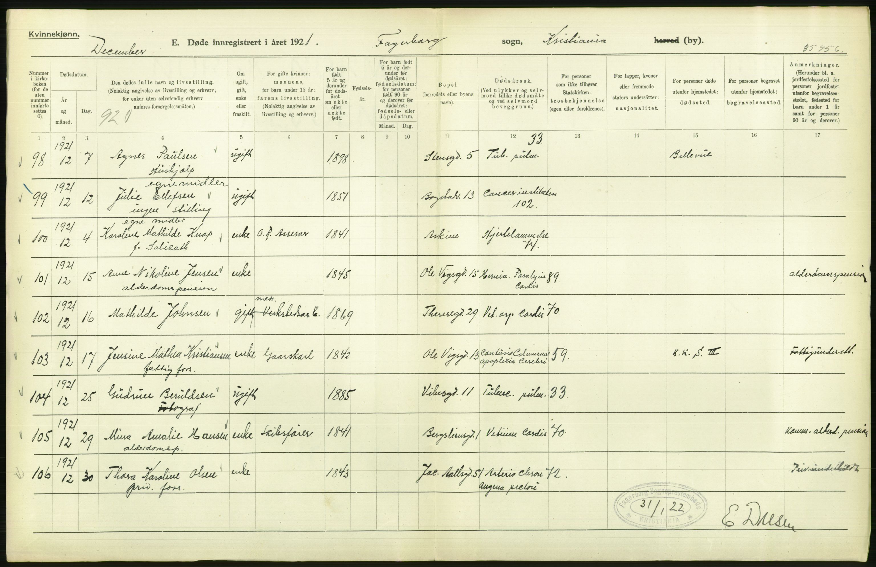 Statistisk sentralbyrå, Sosiodemografiske emner, Befolkning, AV/RA-S-2228/D/Df/Dfc/Dfca/L0012: Kristiania: Døde, 1921, s. 344