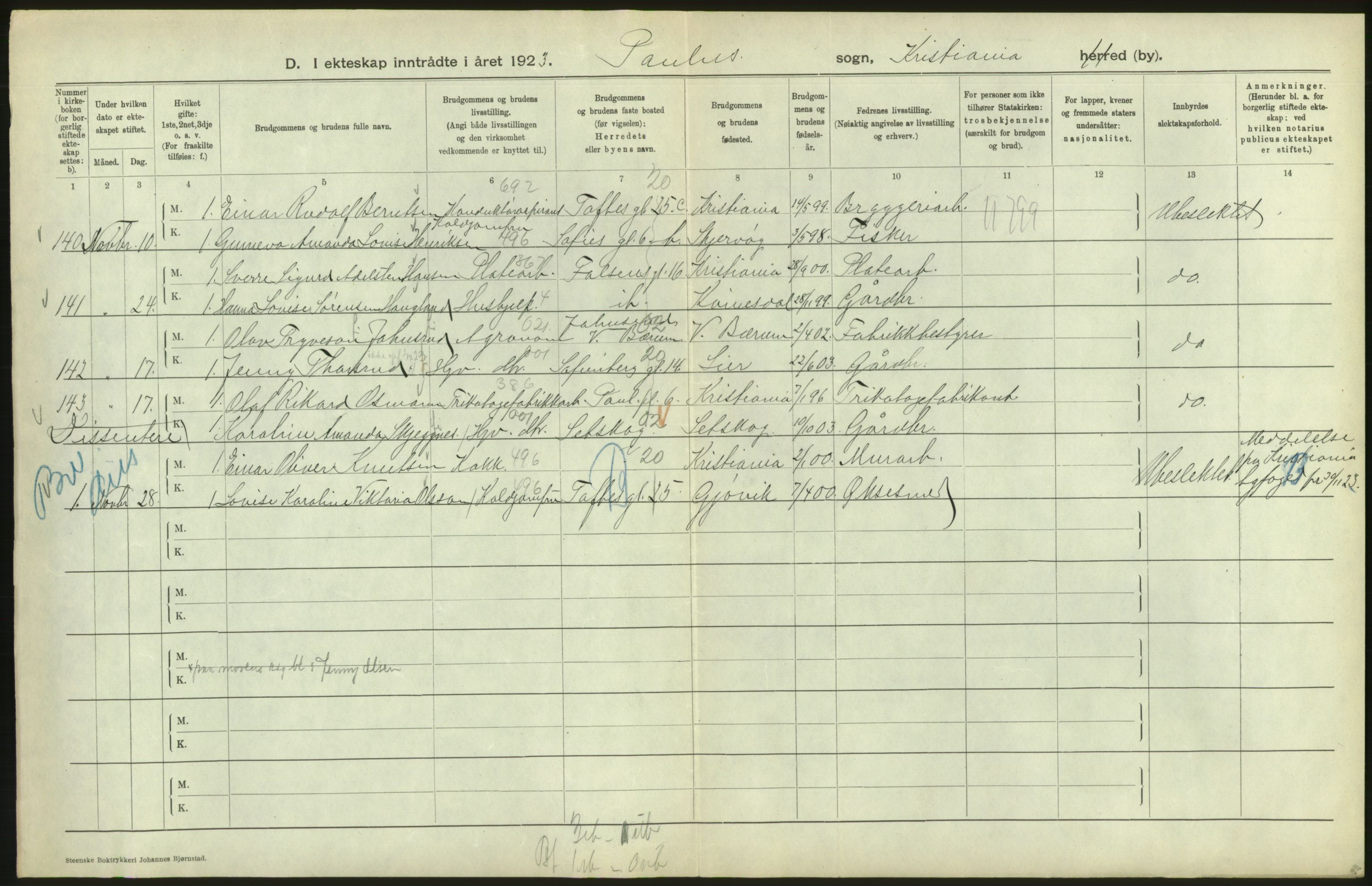 Statistisk sentralbyrå, Sosiodemografiske emner, Befolkning, RA/S-2228/D/Df/Dfc/Dfcc/L0008: Kristiania: Gifte, 1923, s. 110