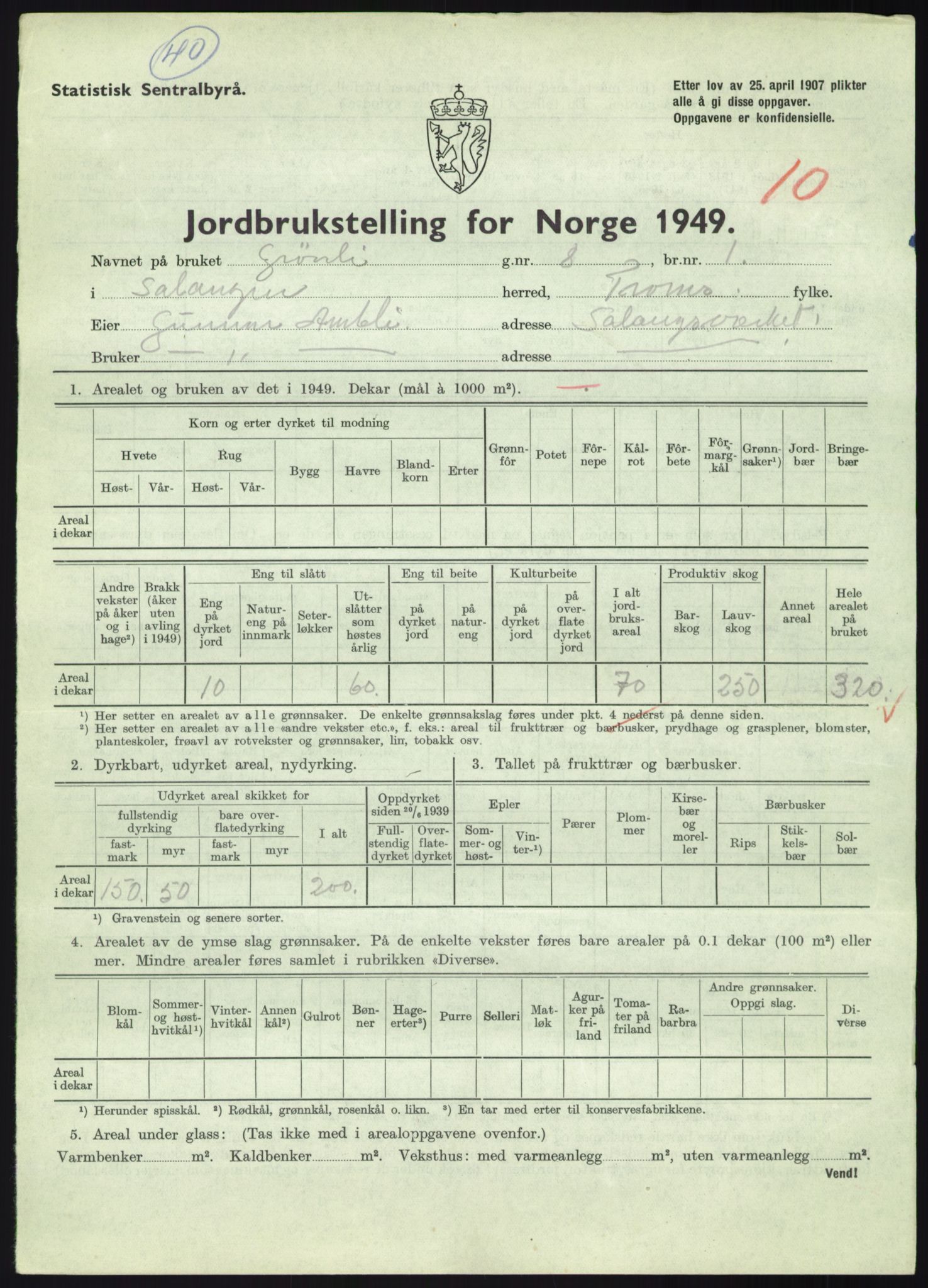 Statistisk sentralbyrå, Næringsøkonomiske emner, Jordbruk, skogbruk, jakt, fiske og fangst, AV/RA-S-2234/G/Gc/L0438: Troms: Salangen og Bardu, 1949, s. 772