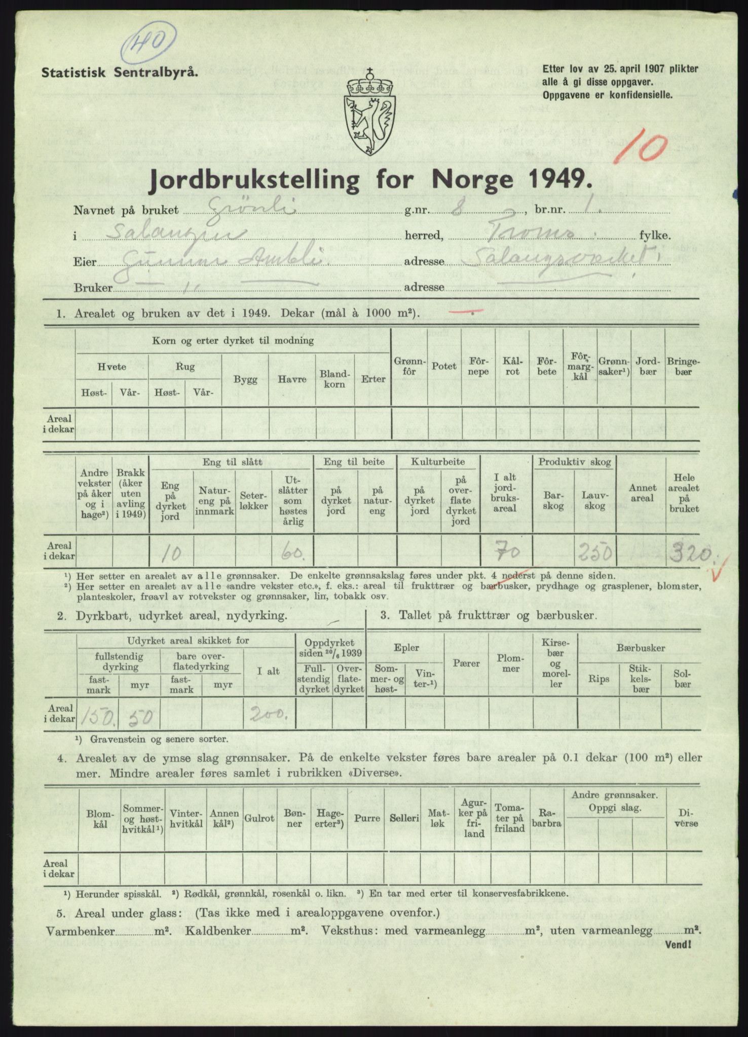 Statistisk sentralbyrå, Næringsøkonomiske emner, Jordbruk, skogbruk, jakt, fiske og fangst, AV/RA-S-2234/G/Gc/L0438: Troms: Salangen og Bardu, 1949, s. 772