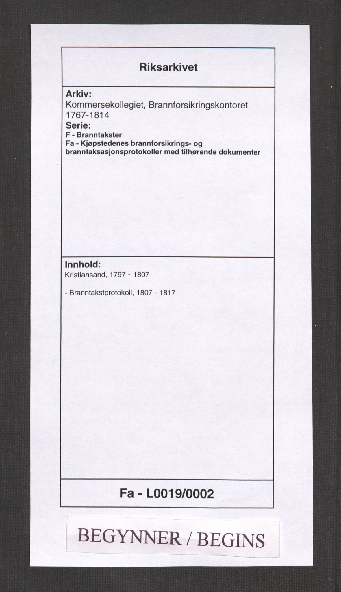 Kommersekollegiet, Brannforsikringskontoret 1767-1814, RA/EA-5458/F/Fa/L0019/0002: Kristiansand / Branntakstprotokoll, 1807-1817