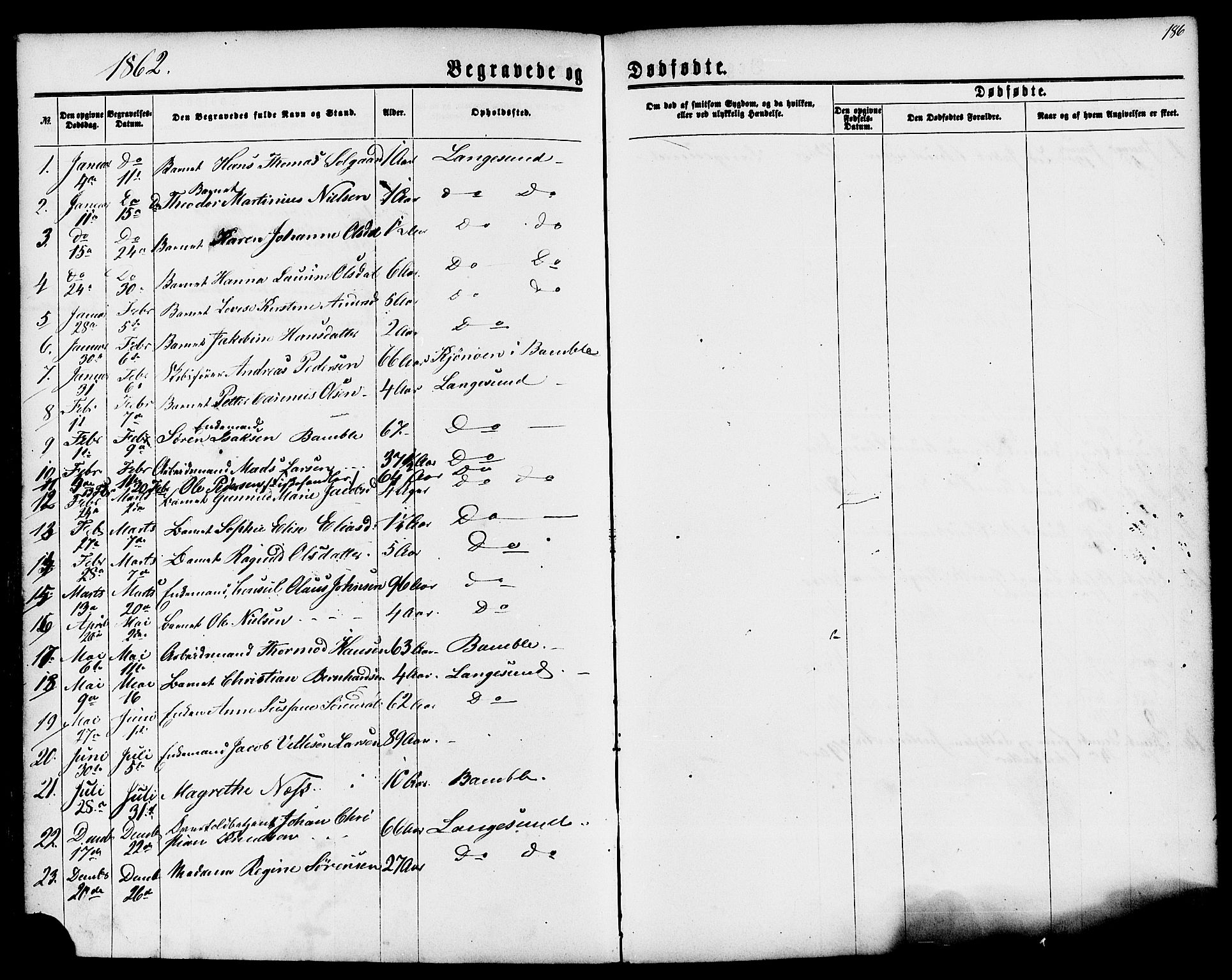 Langesund kirkebøker, AV/SAKO-A-280/G/Ga/L0004: Klokkerbok nr. 4, 1859-1884, s. 186