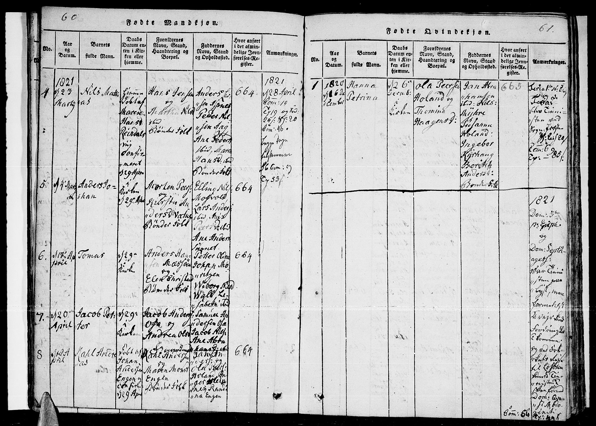 Ministerialprotokoller, klokkerbøker og fødselsregistre - Nordland, SAT/A-1459/841/L0593: Ministerialbok nr. 841A04 /2, 1820-1825, s. 60-61