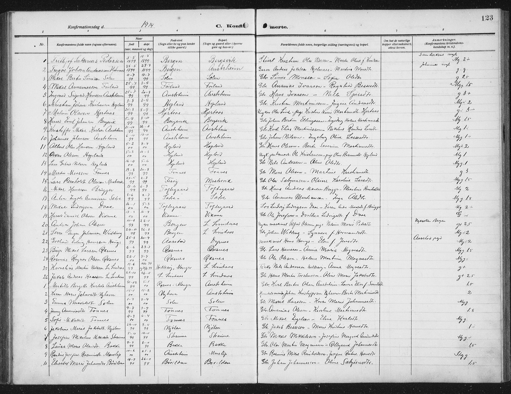 Lindås Sokneprestembete, AV/SAB-A-76701/H/Hab/Habc/L0005: Klokkerbok nr. C 5, 1910-1927, s. 123